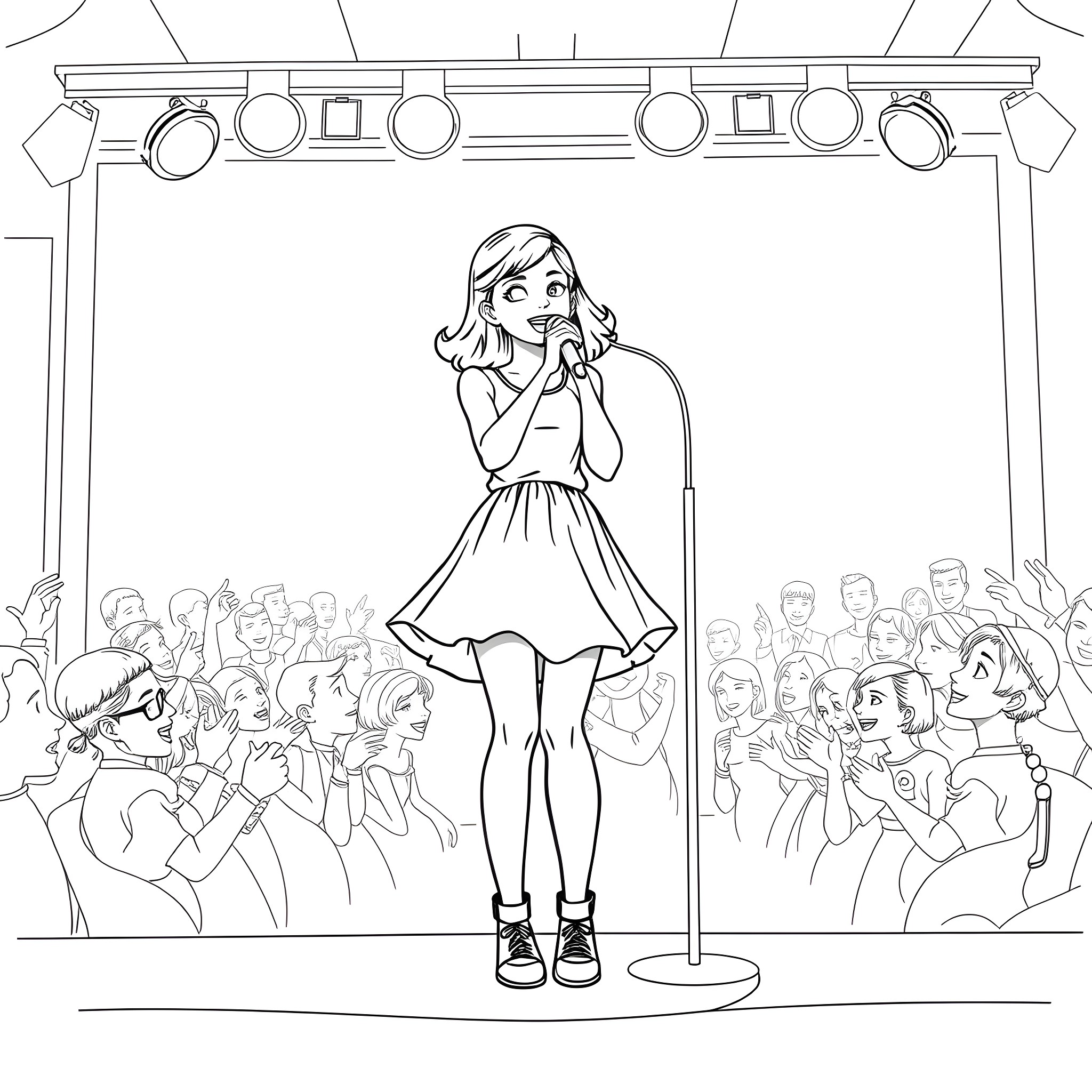 Teen Girl Performing on Stage with Audience Coloring Page (free black-and-white line drawing printable PDF for all, from beginners to advanced learners, including children, teens, adults, and seniors)