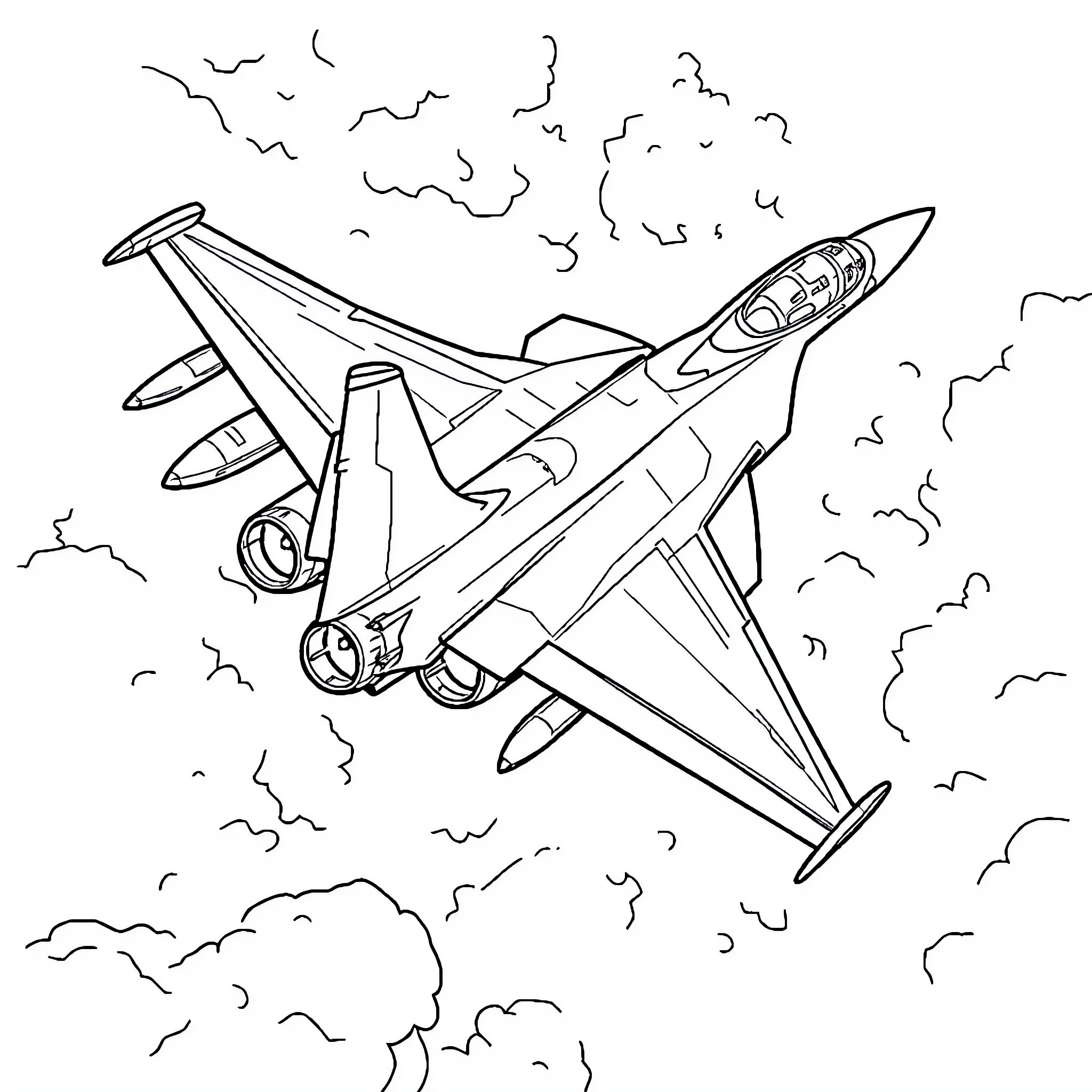 Fighter Jet soaring through the skies Coloring Page (free black-and-white line drawing printable PDF for all, from beginners to advanced learners, including children, teens, adults, and seniors)