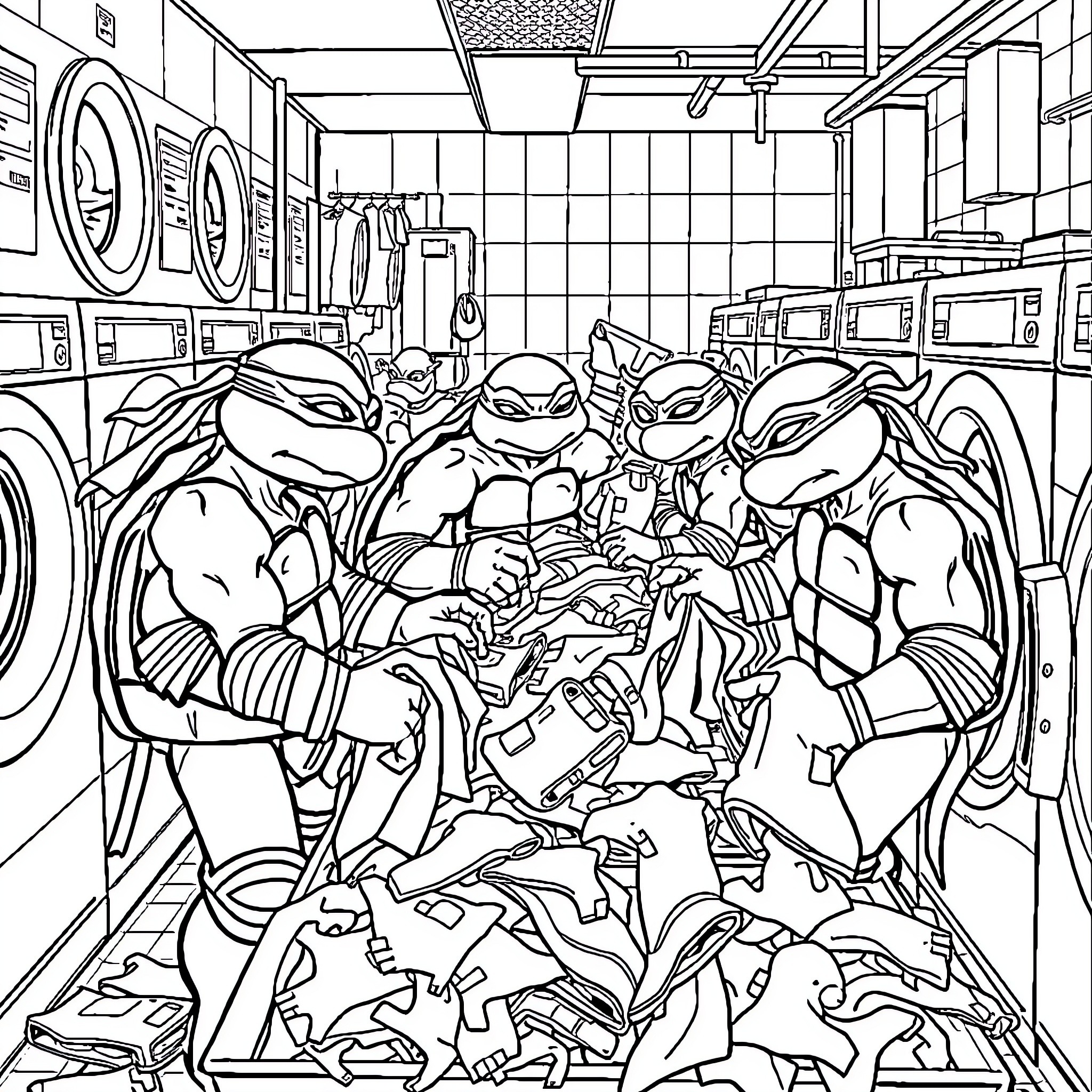 Teenage Mutant Ninja Turtles on a Laundry Day Adventure Coloring Page (free black-and-white line drawing printable PDF for all, from beginners to advanced learners, including children, teens, adults, and seniors)