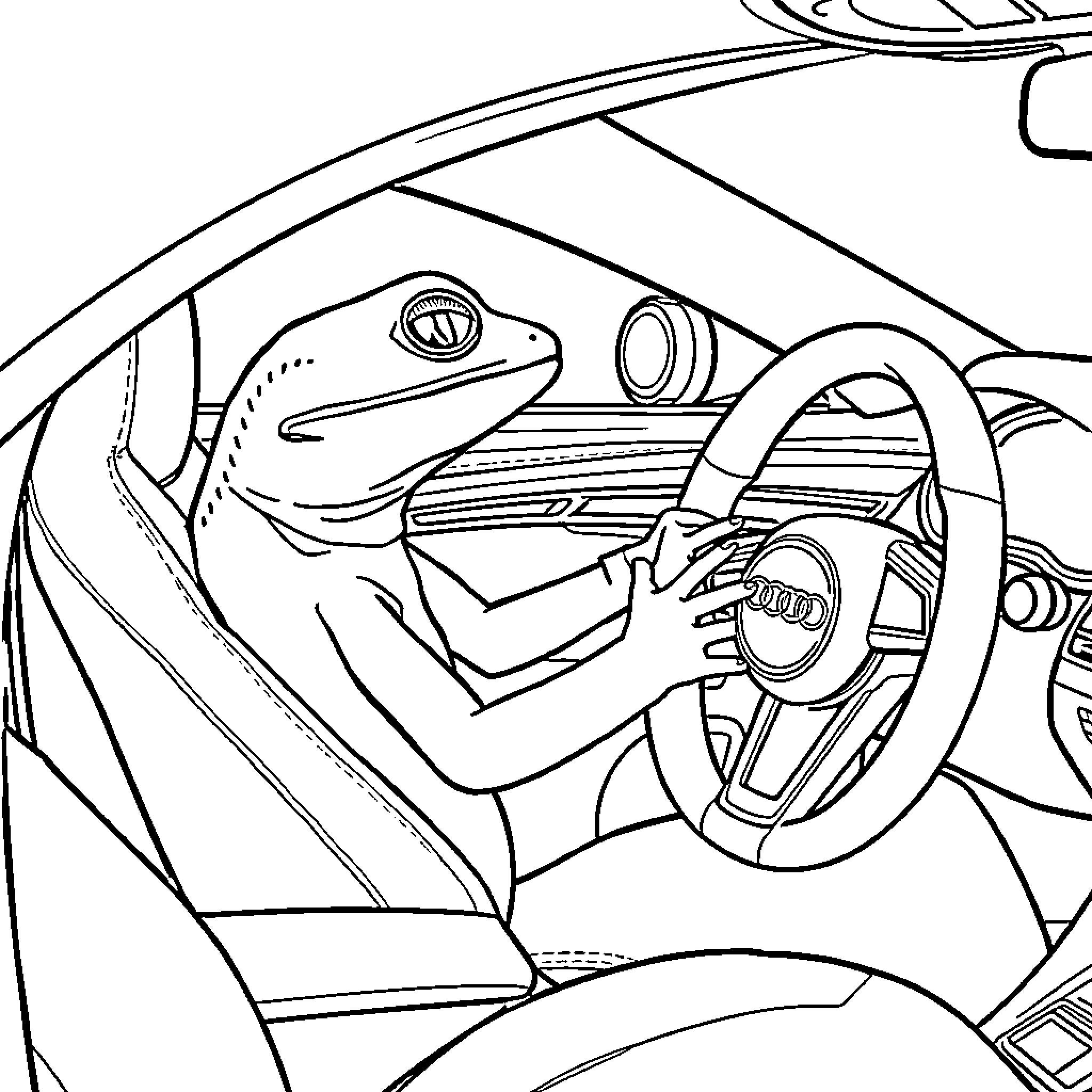 Gecko driving a high-tech vehicle Coloring Page (free black-and-white line drawing printable PDF for all, from beginners to advanced learners, including children, teens, adults, and seniors)