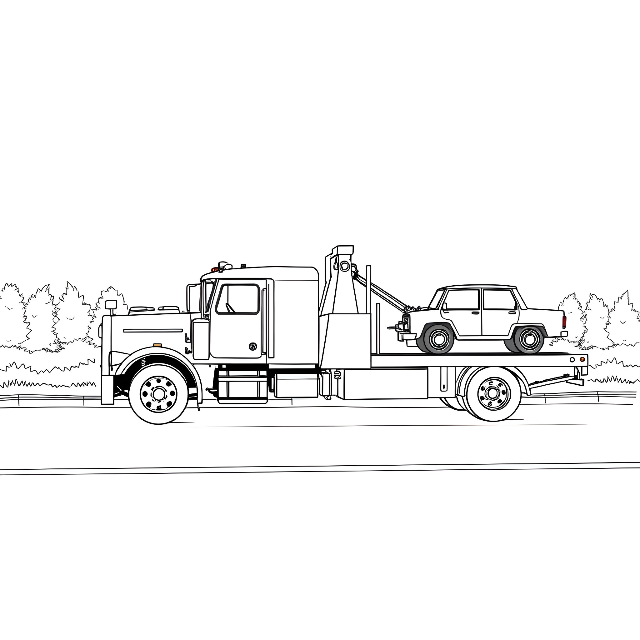 Tow Pickup Truck Towing a Car on the Road Coloring Page (free black-and-white line drawing printable PDF for all, from beginners to advanced learners, including children, teens, adults, and seniors)