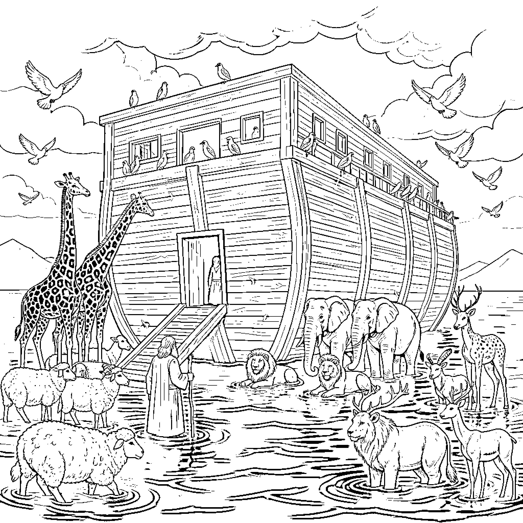 Ark of Noah with animals entering the wooden vessel Coloring Page (free black-and-white line drawing printable PDF for all, from beginners to advanced learners, including children, teens, adults, and seniors)