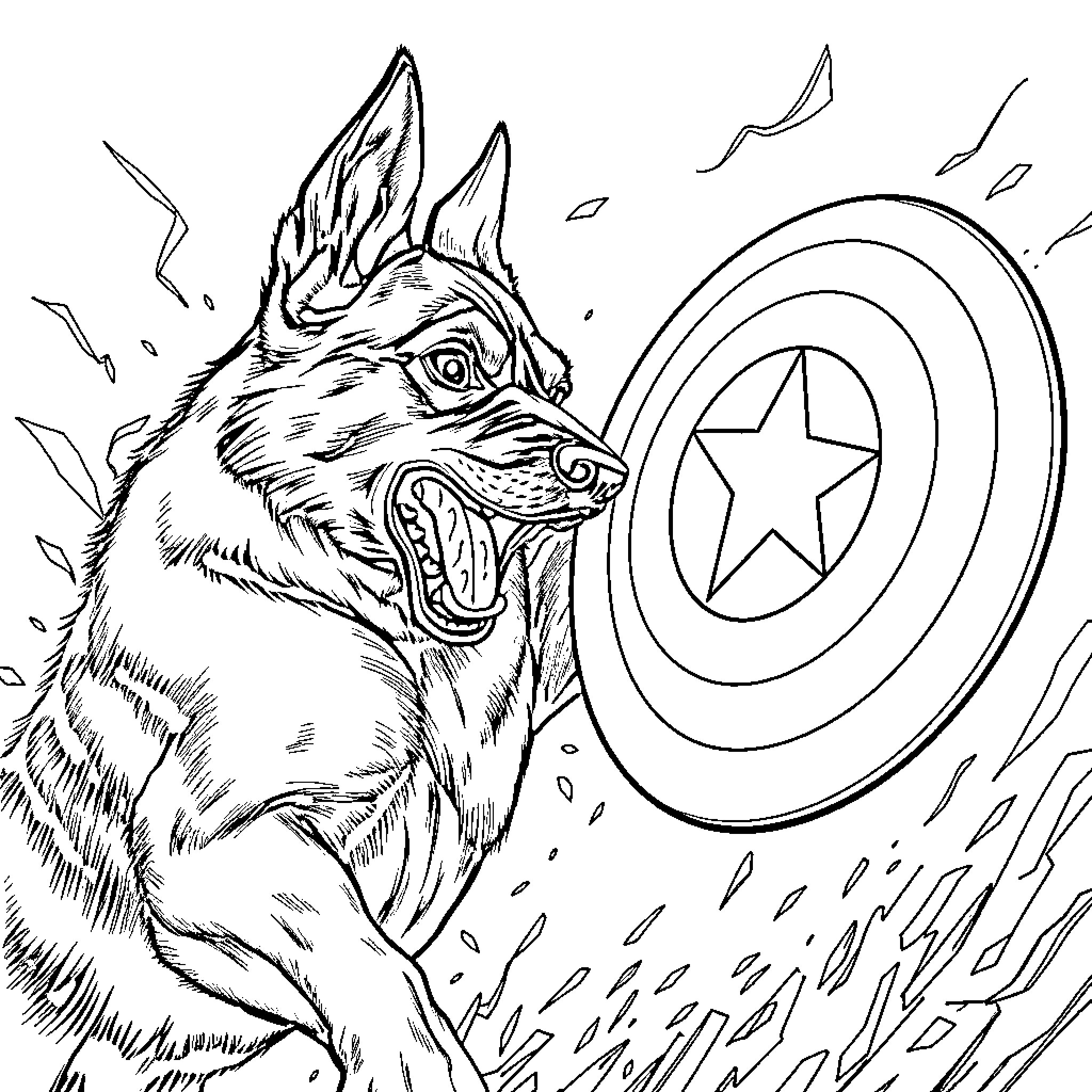 German Shepherd guarding a shield with a star Coloring Page (free black-and-white line drawing printable PDF for all, from beginners to advanced learners, including children, teens, adults, and seniors)