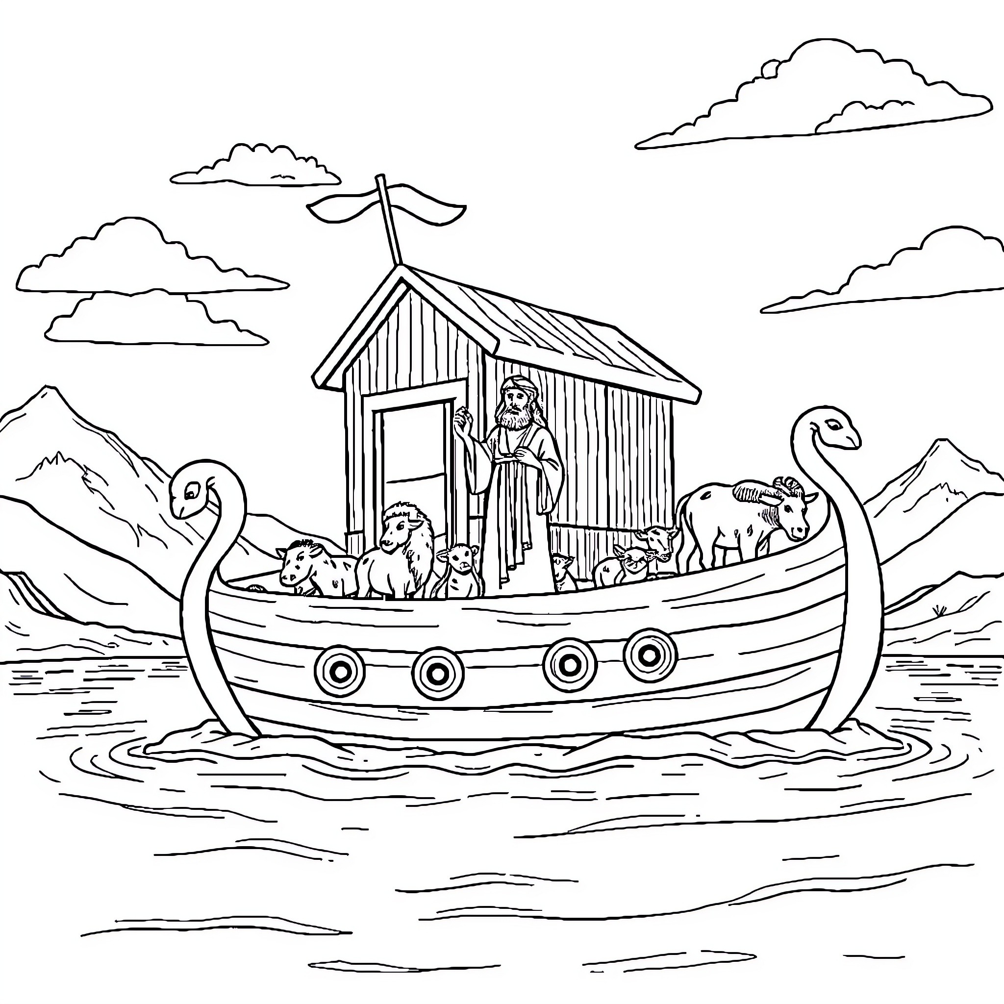 Noah's Ark with Animals Sailing on the Waves Coloring Page (free black-and-white line drawing printable PDF for all, from beginners to advanced learners, including children, teens, adults, and seniors)