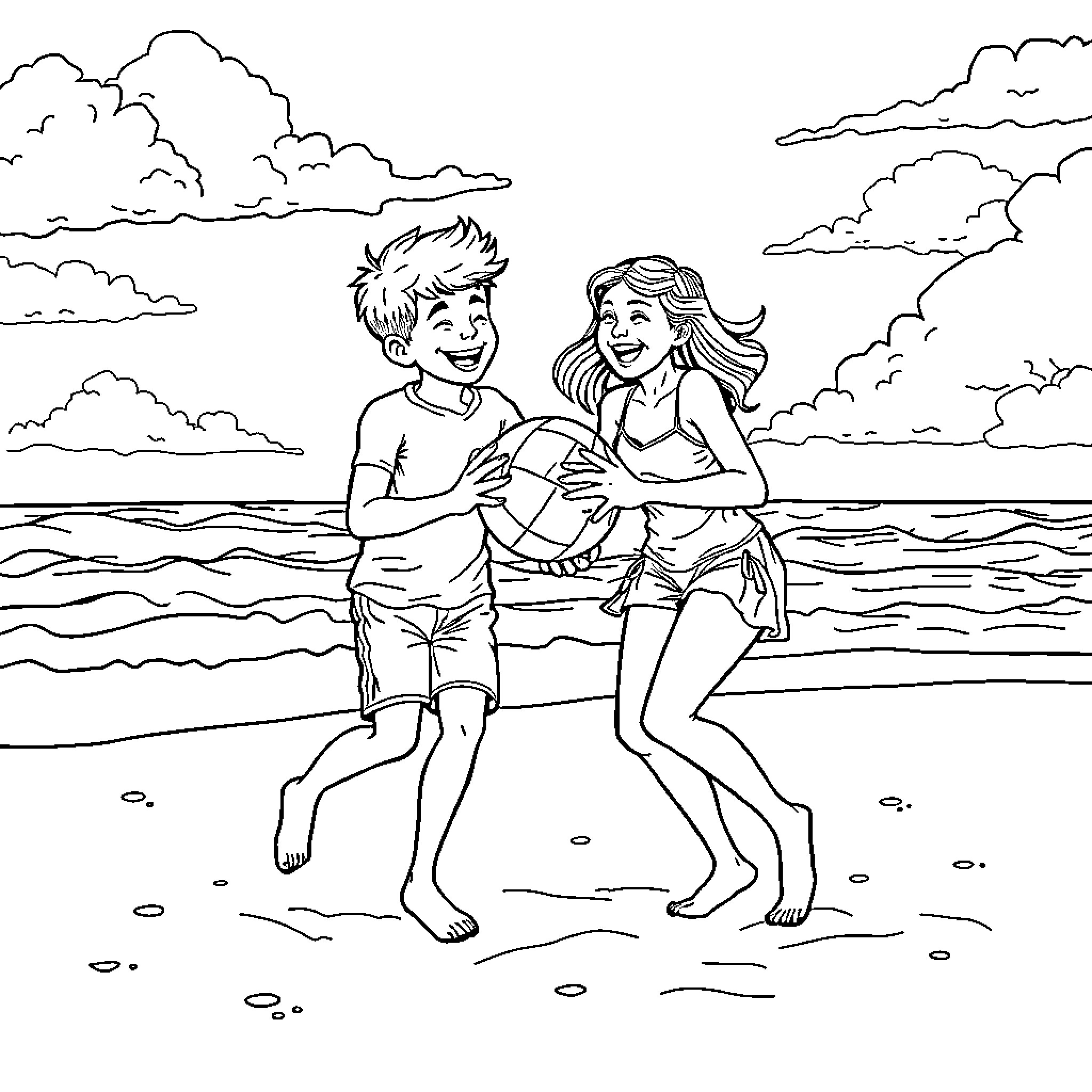 Siblings enjoying a day at the beach Coloring Page (free black-and-white line drawing printable PDF for all, from beginners to advanced learners, including children, teens, adults, and seniors)