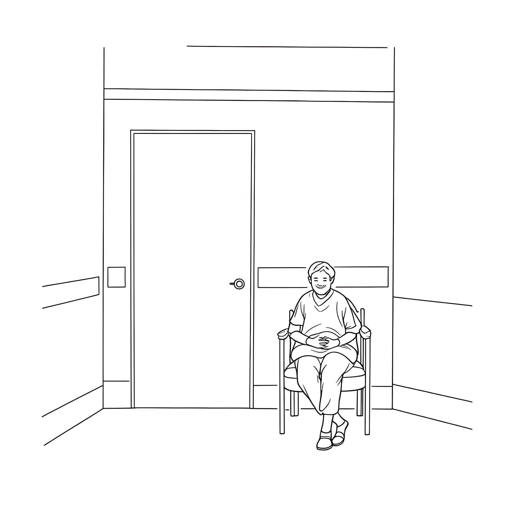Asylum Patient Sitting Alone in Room Coloring Page (free black-and-white line drawing printable PDF for all, from beginners to advanced learners, including children, teens, adults, and seniors)