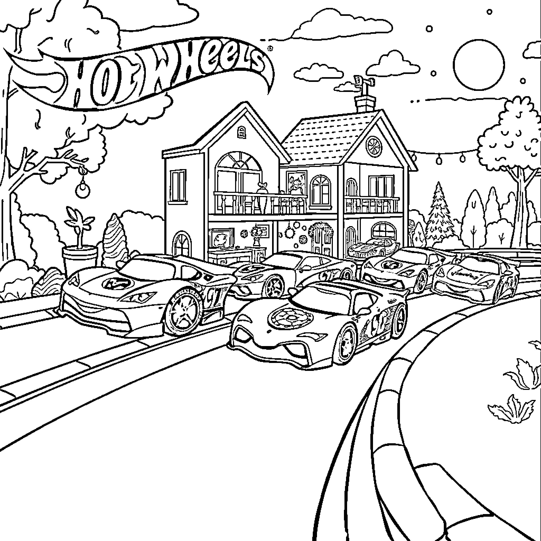 Hot Wheels Racing Cars Adventure in Neighborhood Coloring Page (free black-and-white line drawing printable PDF for all, from beginners to advanced learners, including children, teens, adults, and seniors)