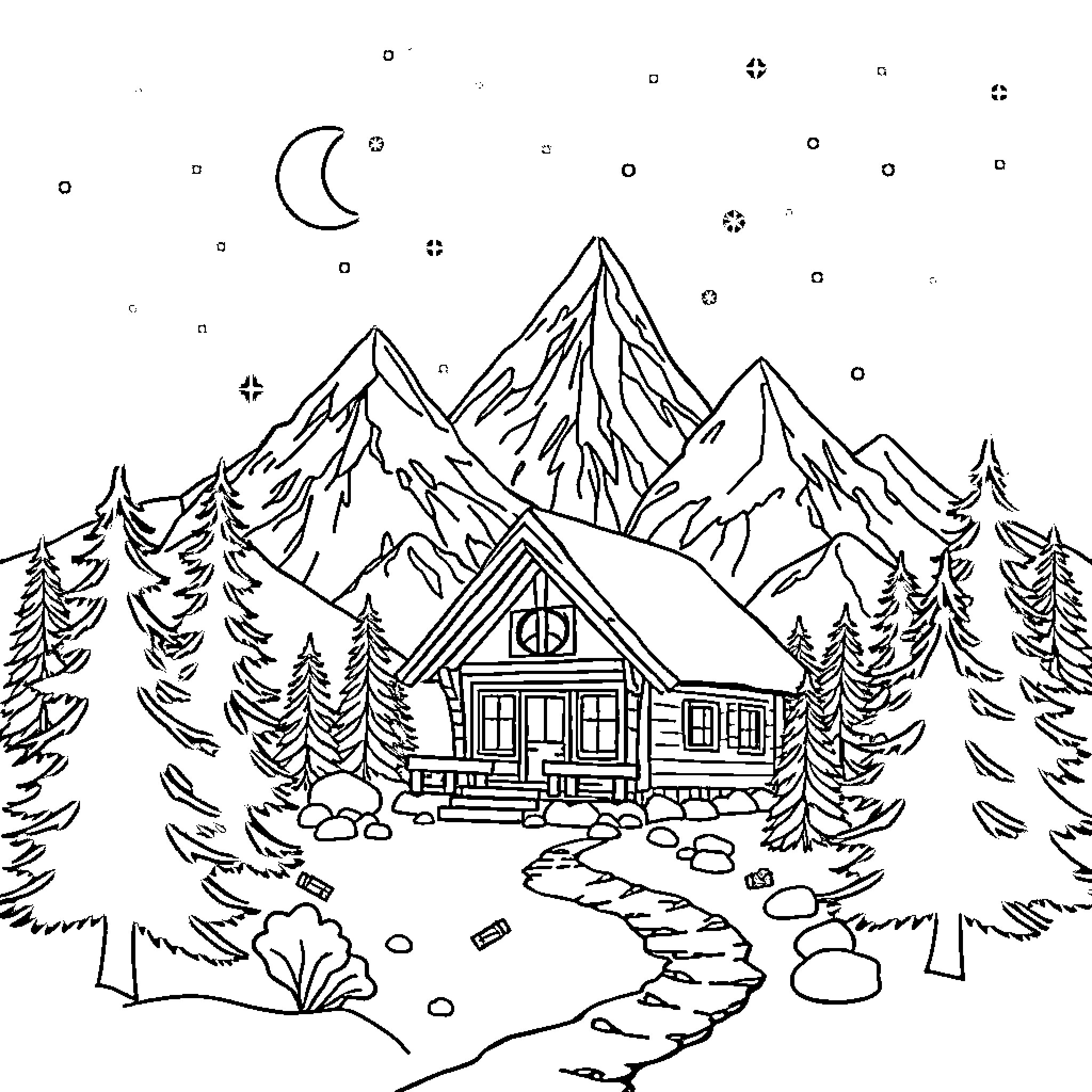 Cabin in the snowy mountains under the night sky Coloring Page (free black-and-white line drawing printable PDF for all, from beginners to advanced learners, including children, teens, adults, and seniors)