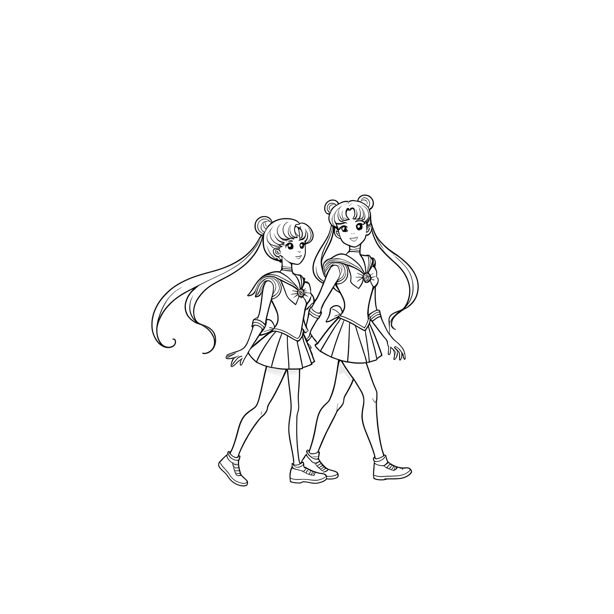 Sailor Moon and Sailor Venus in Action Poses Coloring Page (free black-and-white line drawing printable PDF for all, from beginners to advanced learners, including children, teens, adults, and seniors)