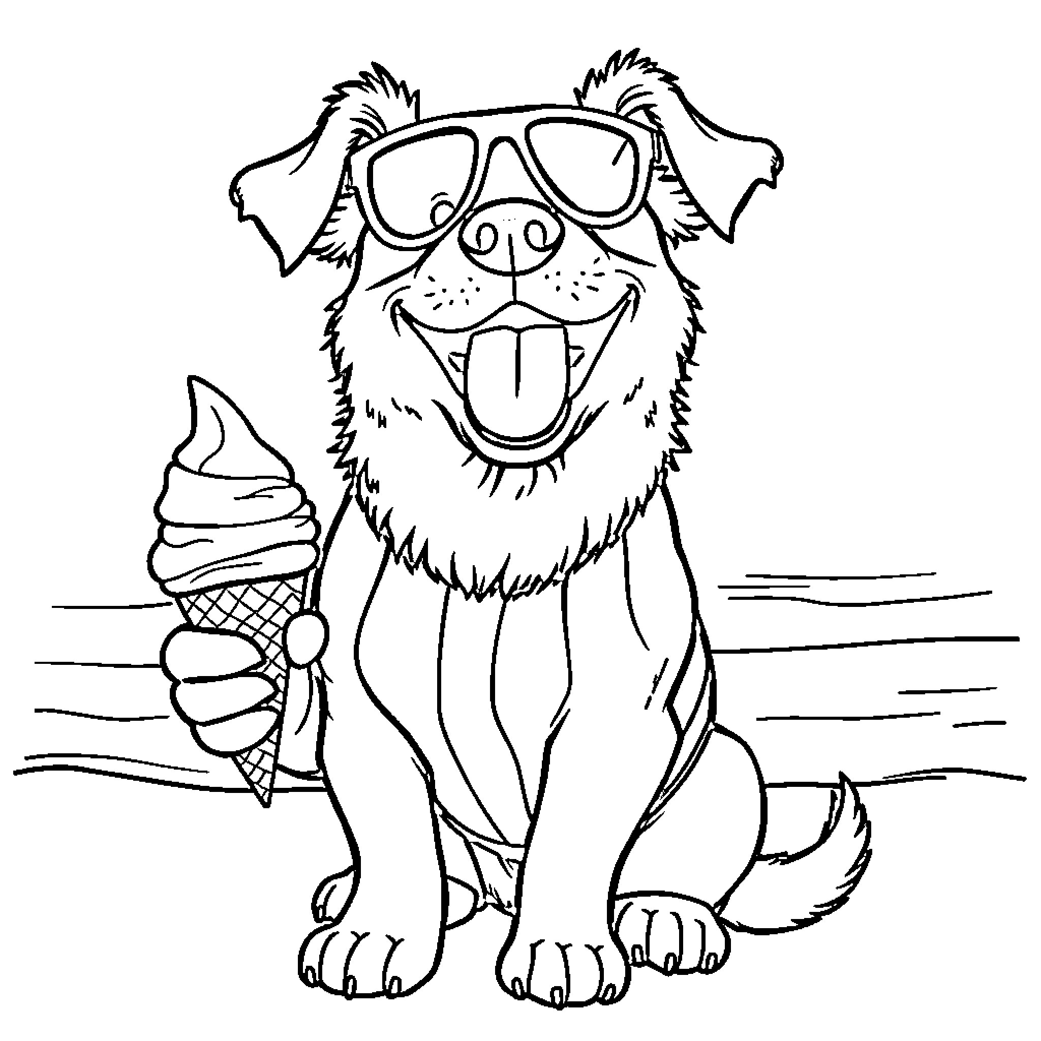 Dog enjoying an ice cream treat Coloring Page (free black-and-white line drawing printable PDF for all, from beginners to advanced learners, including children, teens, adults, and seniors)