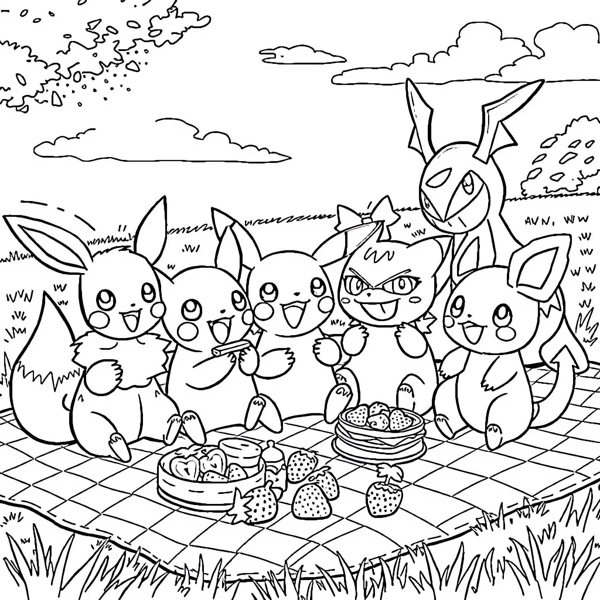 Pokémon enjoying a picnic in the park Coloring Page (free black-and-white line drawing printable PDF for all, from beginners to advanced learners, including children, teens, adults, and seniors)