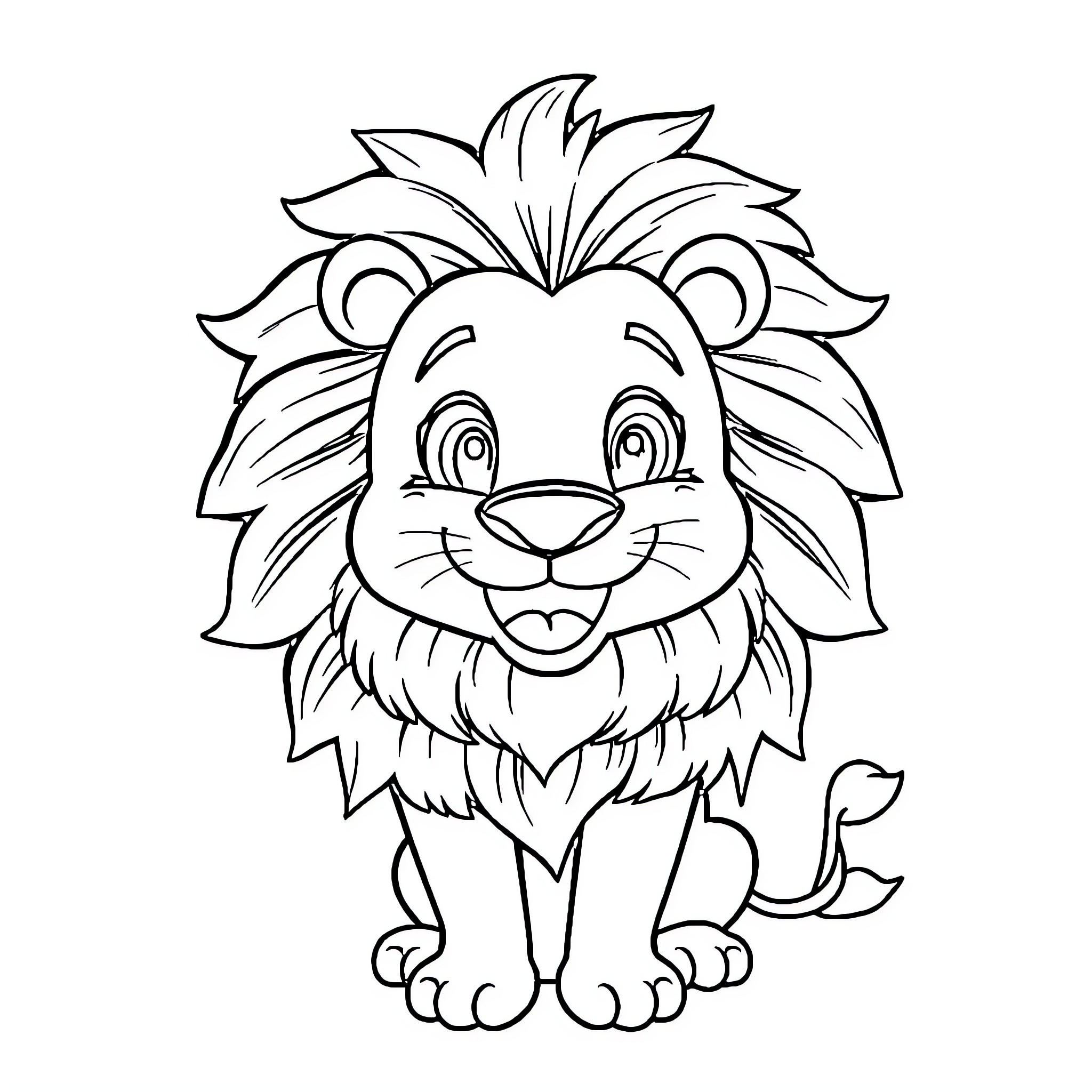 Lion with Happy Facial Expression Coloring Page (free black-and-white line drawing printable PDF for all, from beginners to advanced learners, including children, teens, adults, and seniors)