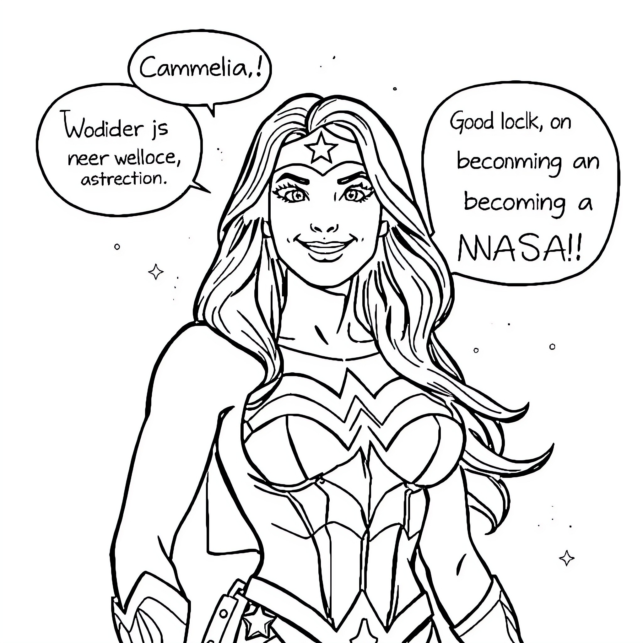 Wonder Woman's Aspirations and Encouragement Coloring Page (free black-and-white line drawing printable PDF for all, from beginners to advanced learners, including children, teens, adults, and seniors)