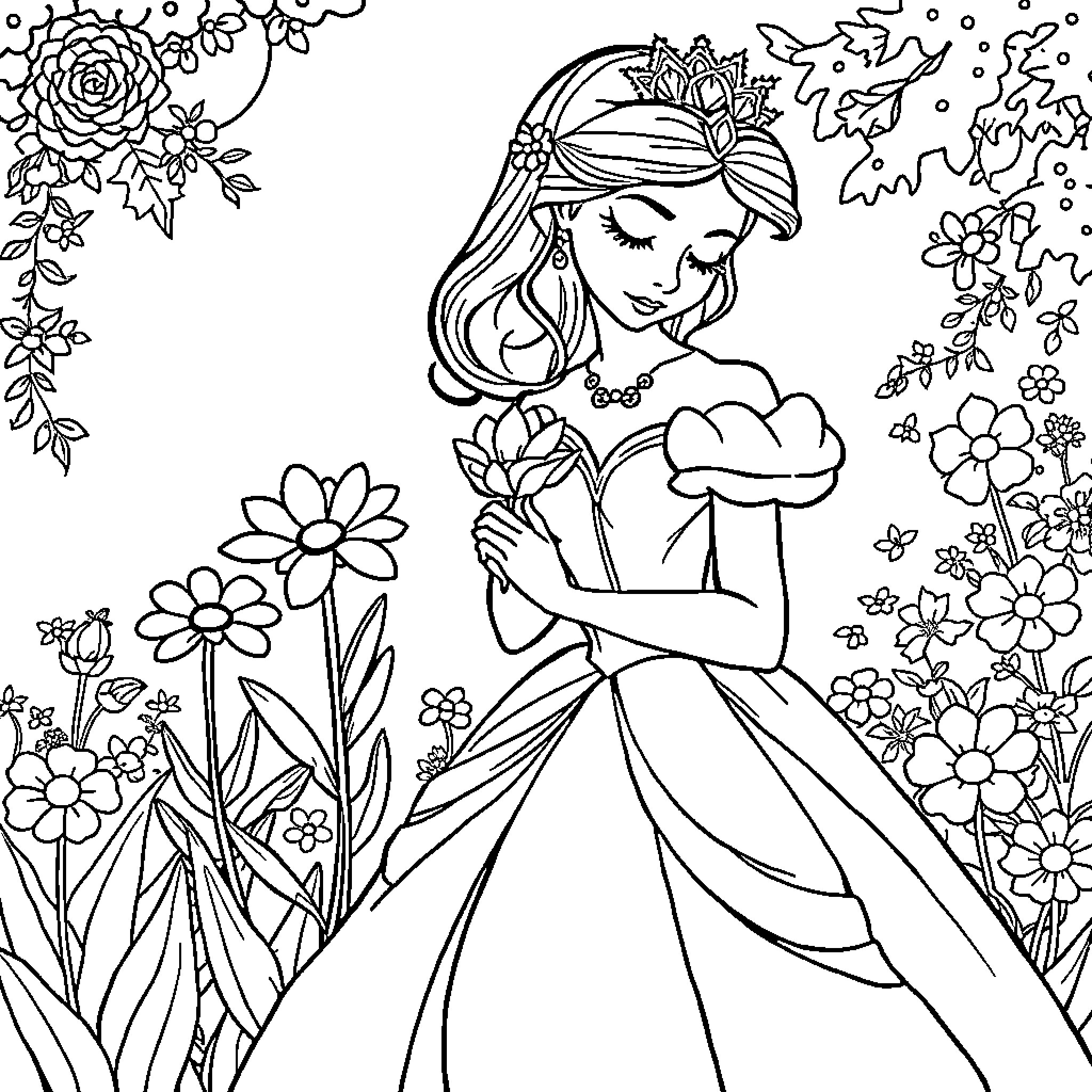 Princess in a Floral Garden Coloring Page (free black-and-white line drawing printable PDF for all, from beginners to advanced learners, including children, teens, adults, and seniors)