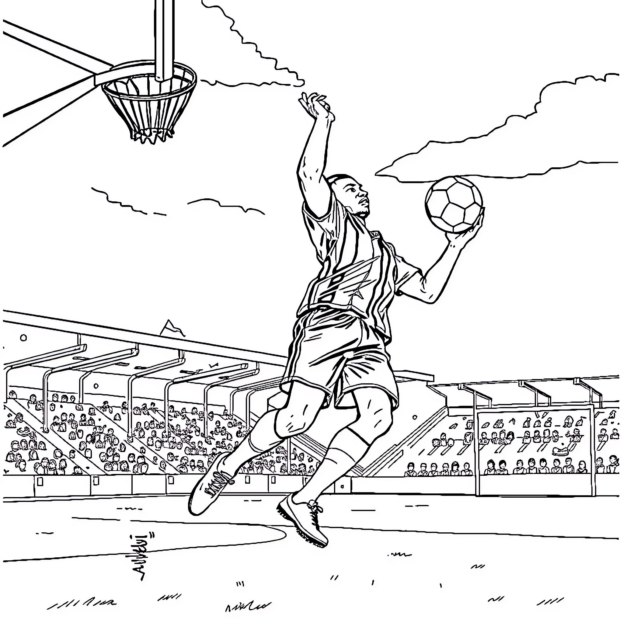 Mbappe Dunks Basketball in Stadium Coloring Page (free black-and-white line drawing printable PDF for all, from beginners to advanced learners, including children, teens, adults, and seniors)
