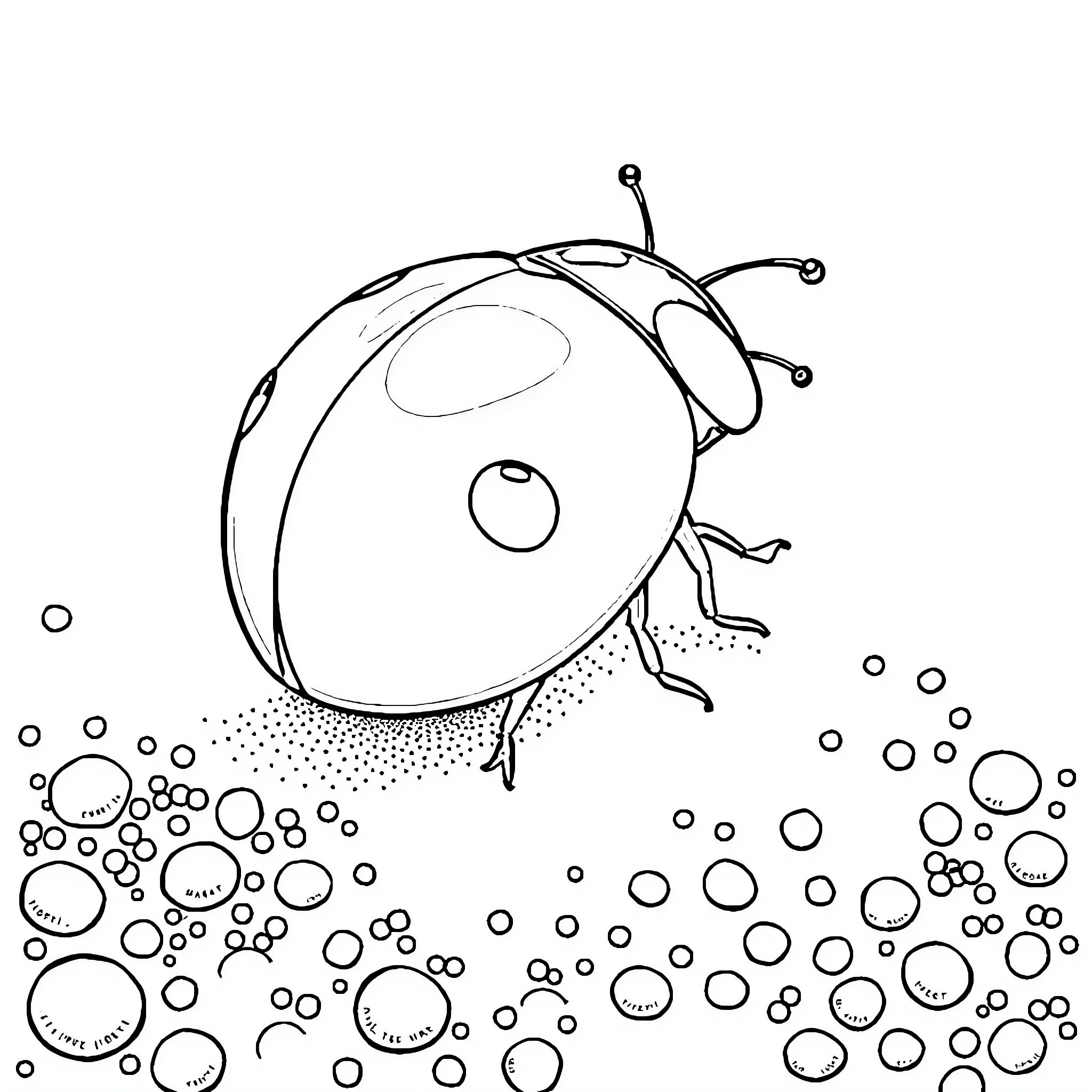 Ladybug surrounded by bubbles Coloring Page (free black-and-white line drawing printable PDF for all, from beginners to advanced learners, including children, teens, adults, and seniors)