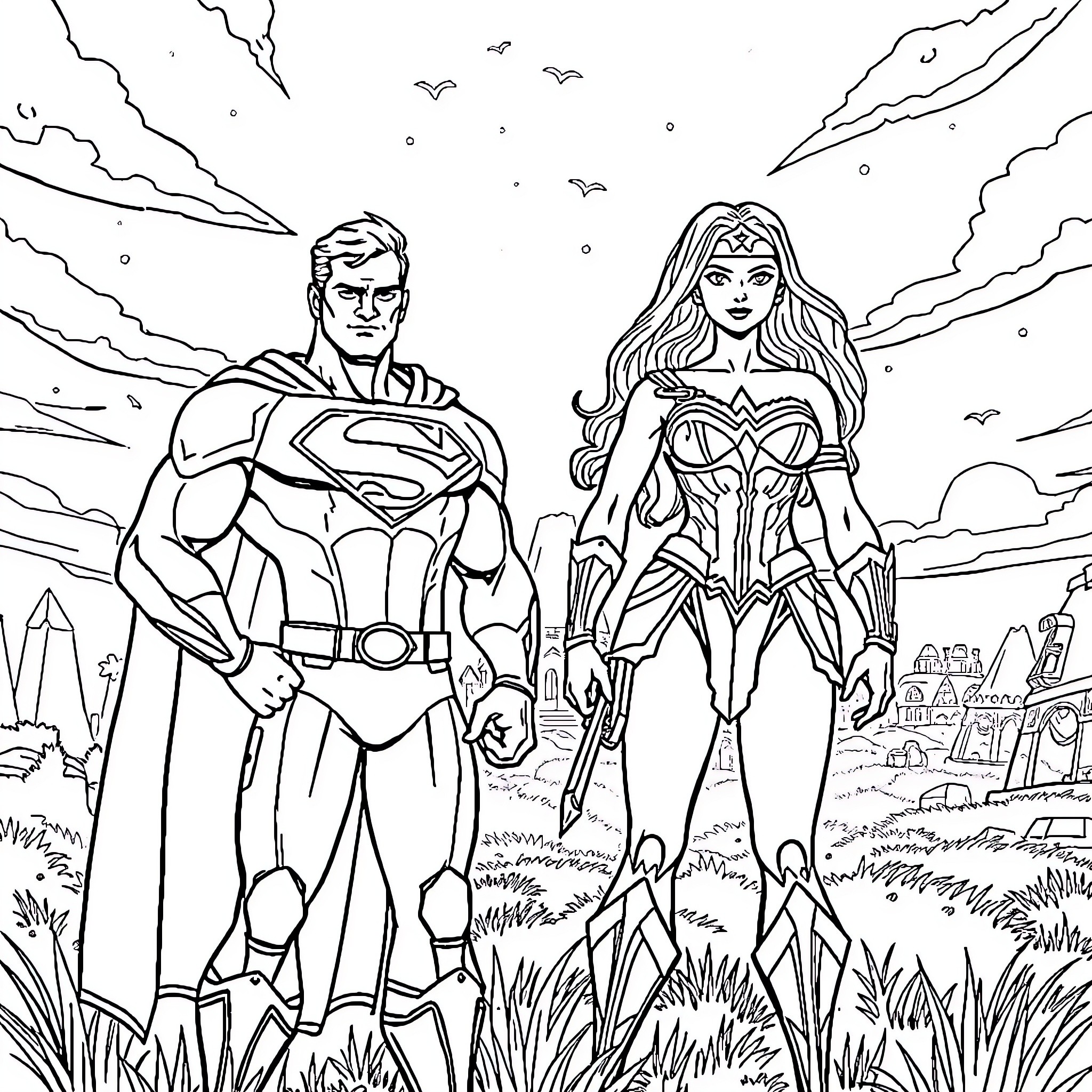 Superman and Wonder Woman in heroic poses Coloring Page (free black-and-white line drawing printable PDF for all, from beginners to advanced learners, including children, teens, adults, and seniors)