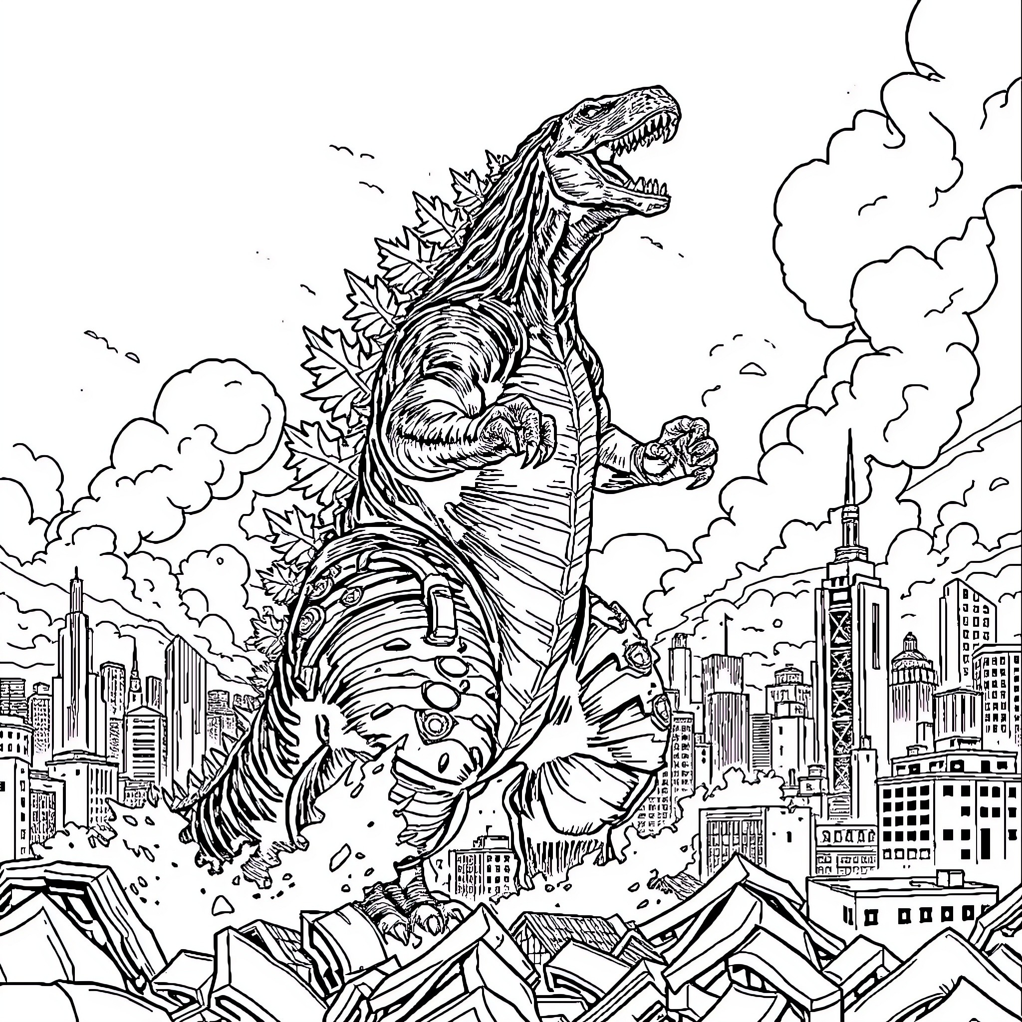 Godzilla rampaging through the city skyline Coloring Page (free black-and-white line drawing printable PDF for all, from beginners to advanced learners, including children, teens, adults, and seniors)