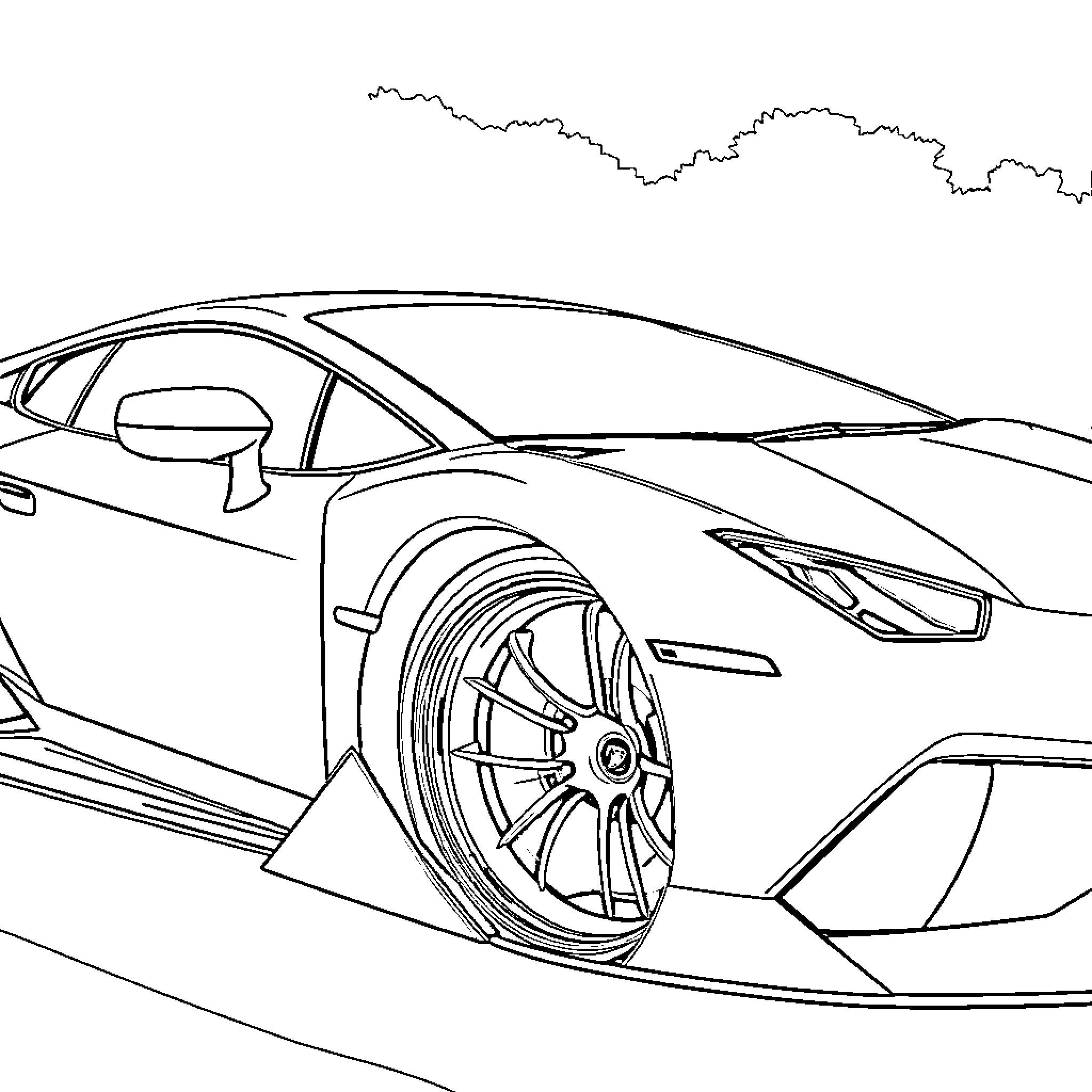 Lamborghini sports car on the road Coloring Page (free black-and-white line drawing printable PDF for all, from beginners to advanced learners, including children, teens, adults, and seniors)