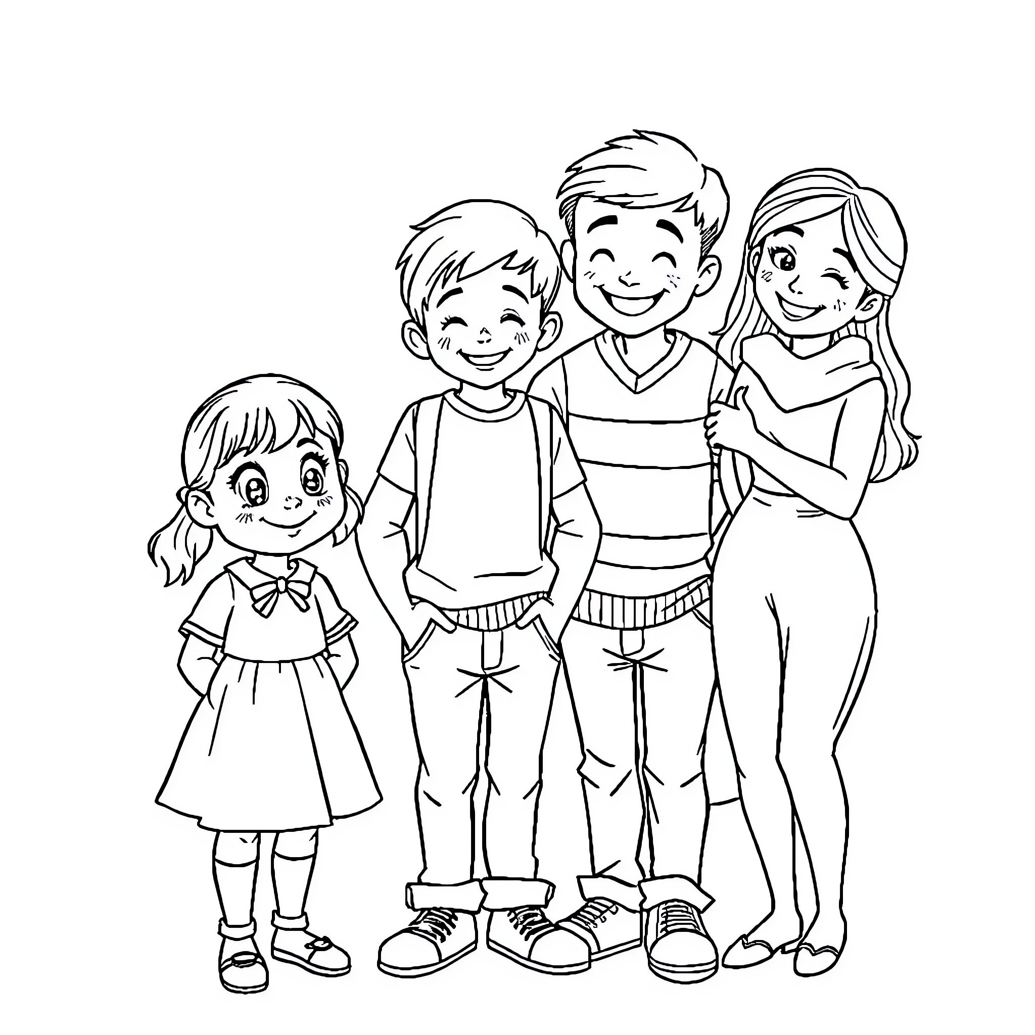 Child friends enjoying a happy moment together Coloring Page (free black-and-white line drawing printable PDF for all, from beginners to advanced learners, including children, teens, adults, and seniors)