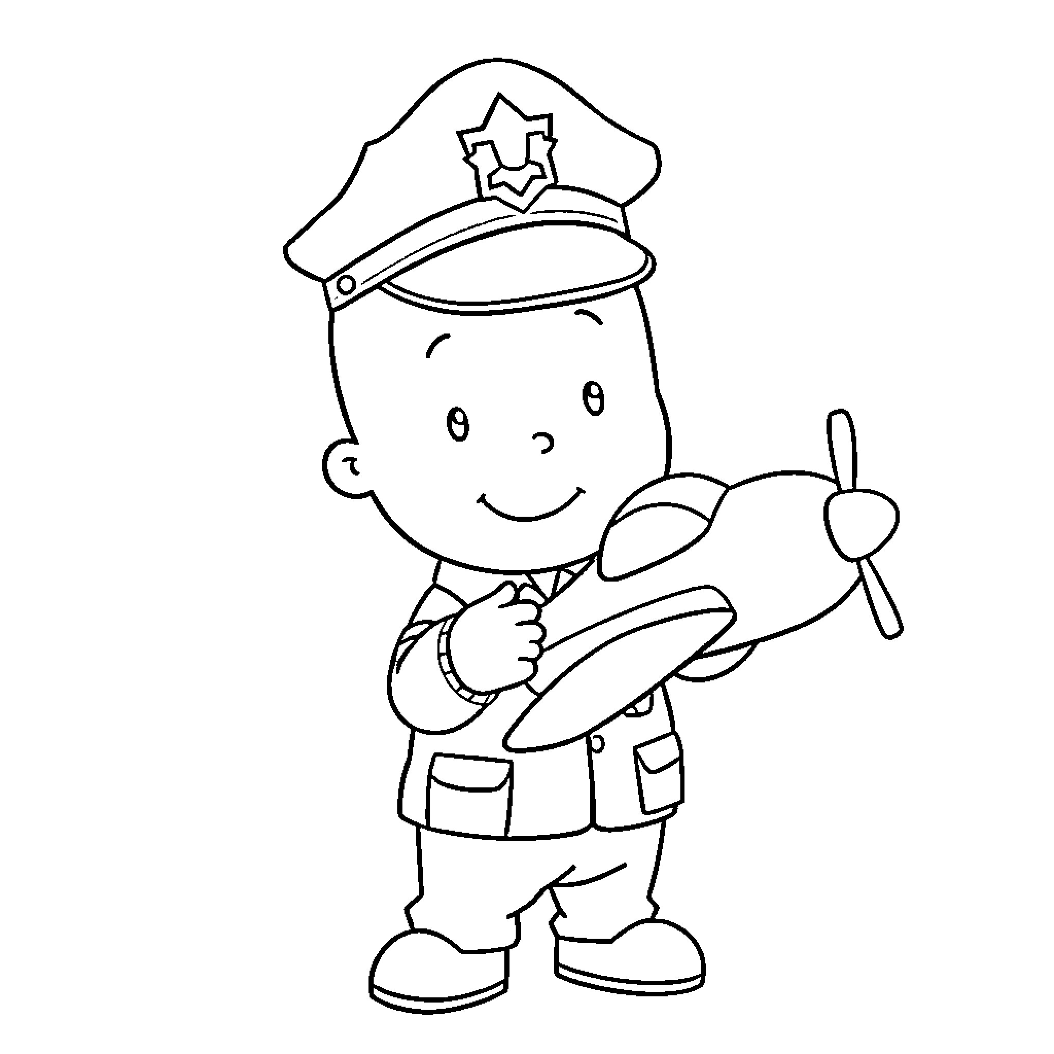 Caillou Plays with Toy Airplane as Policeman Coloring Page (free black-and-white line drawing printable PDF for all, from beginners to advanced learners, including children, teens, adults, and seniors)