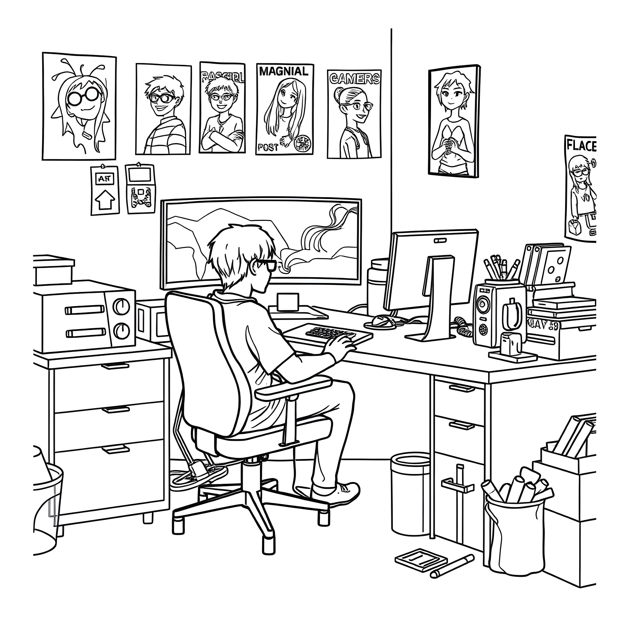 Guy working diligently on computer in cluttered office Coloring Page (free black-and-white line drawing printable PDF for all, from beginners to advanced learners, including children, teens, adults, and seniors)
