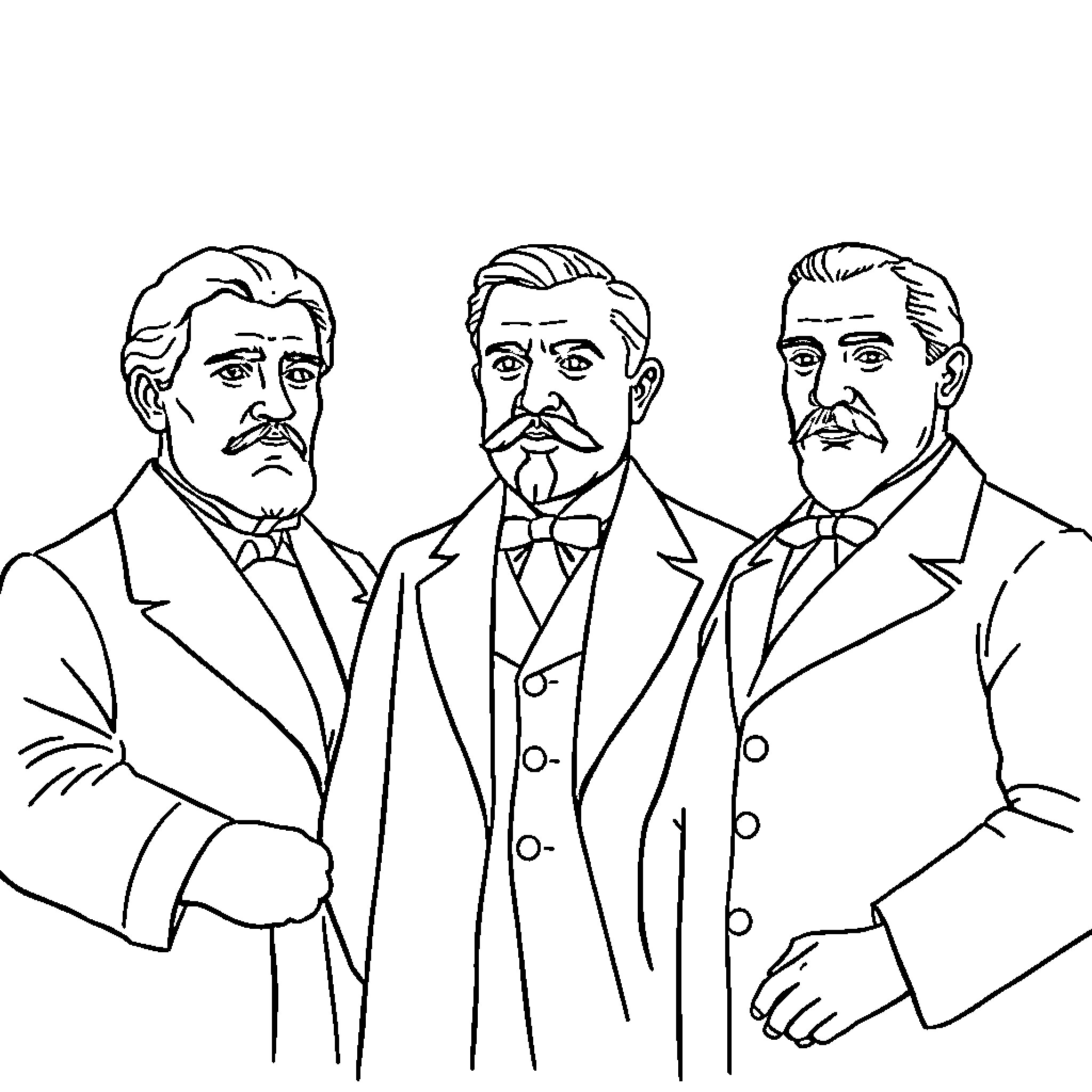 Francisco's Trio of Gentlemen in Formal Attire Coloring Page (free black-and-white line drawing printable PDF for all, from beginners to advanced learners, including children, teens, adults, and seniors)