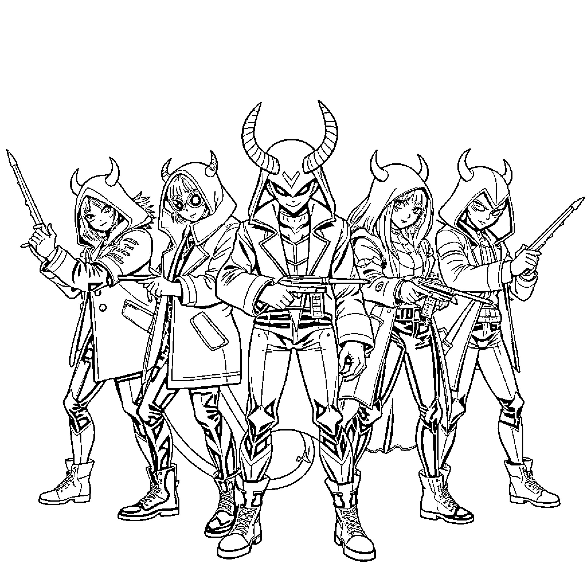 Demon Hunters in Heroic Poses Coloring Page (free black-and-white line drawing printable PDF for all, from beginners to advanced learners, including children, teens, adults, and seniors)