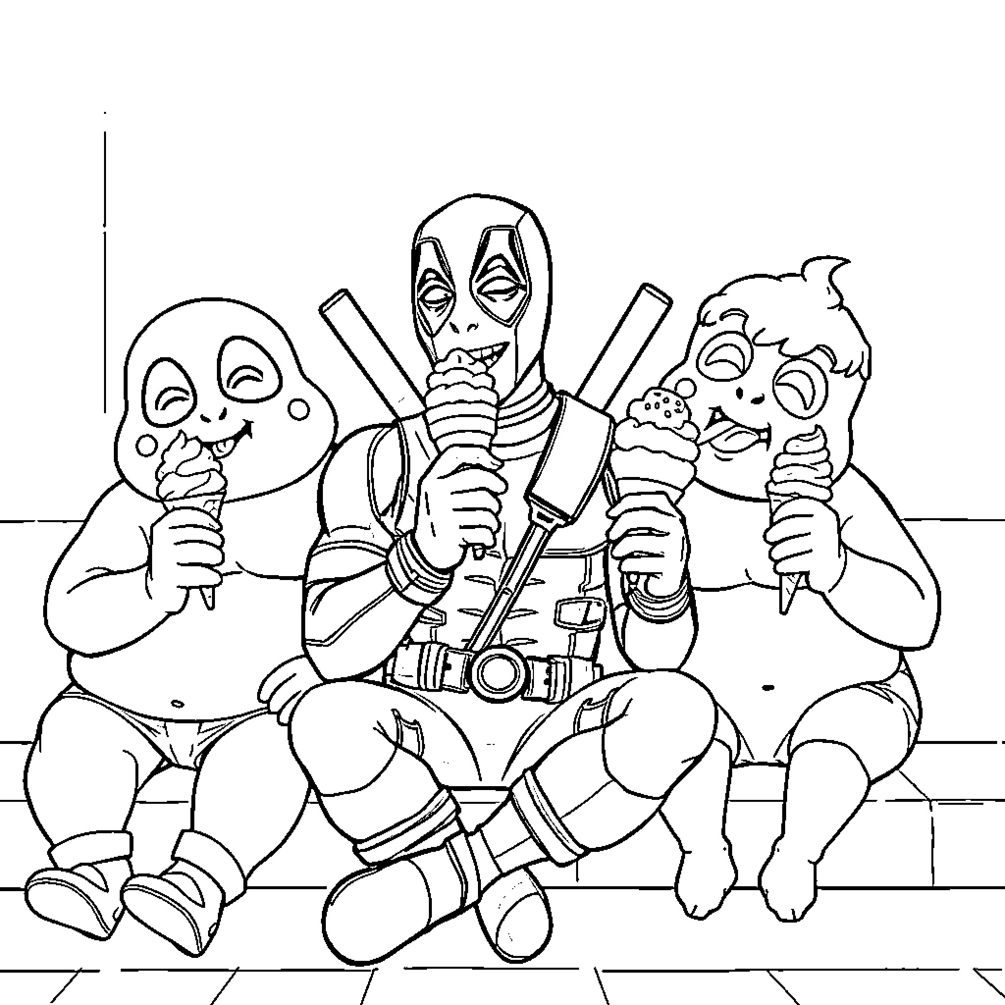 Deadpool and friends enjoying ice cream together Coloring Page (free black-and-white line drawing printable PDF for all, from beginners to advanced learners, including children, teens, adults, and seniors)