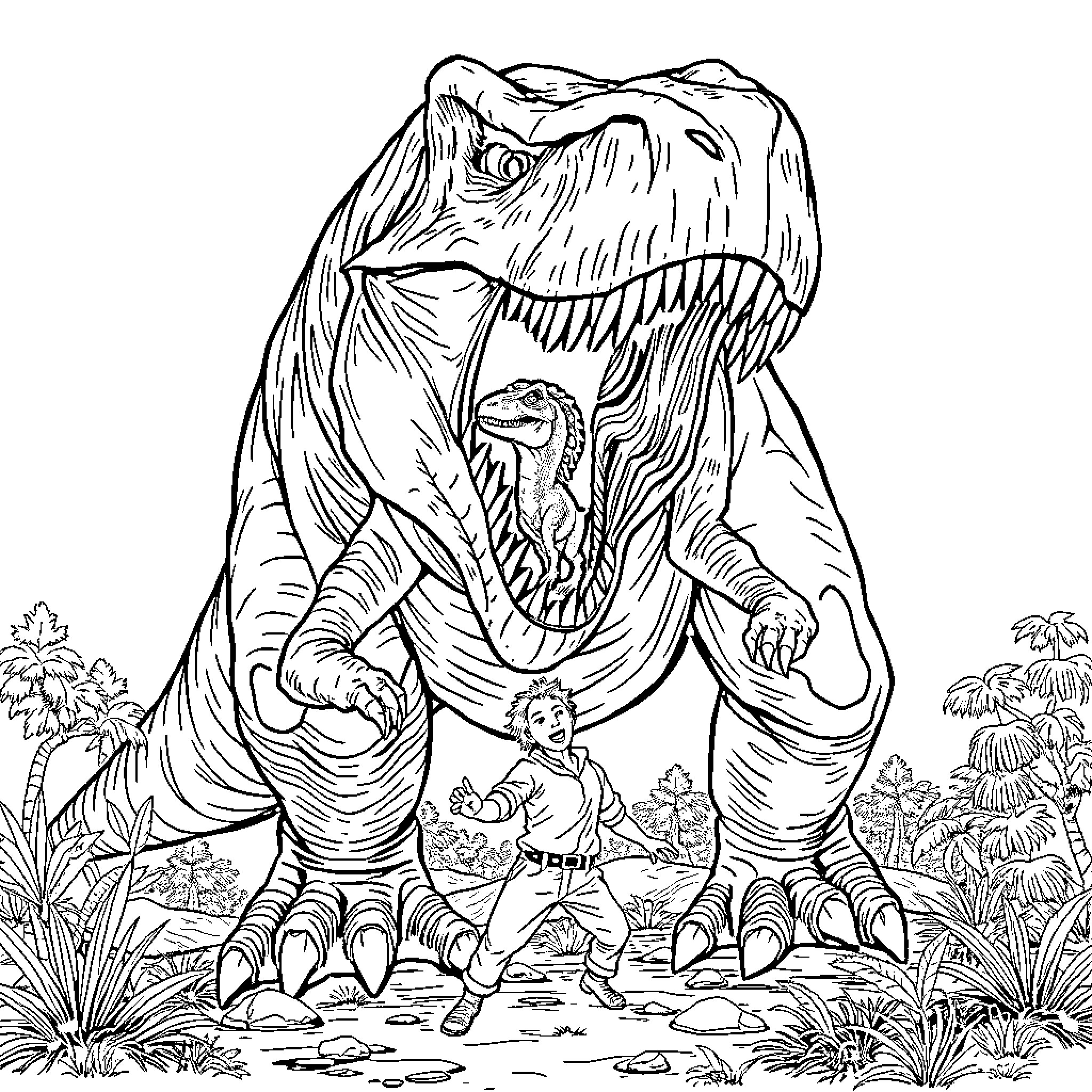 Dinosaur roaring menacingly at tiny human in the jungle Coloring Page (free black-and-white line drawing printable PDF for all, from beginners to advanced learners, including children, teens, adults, and seniors)