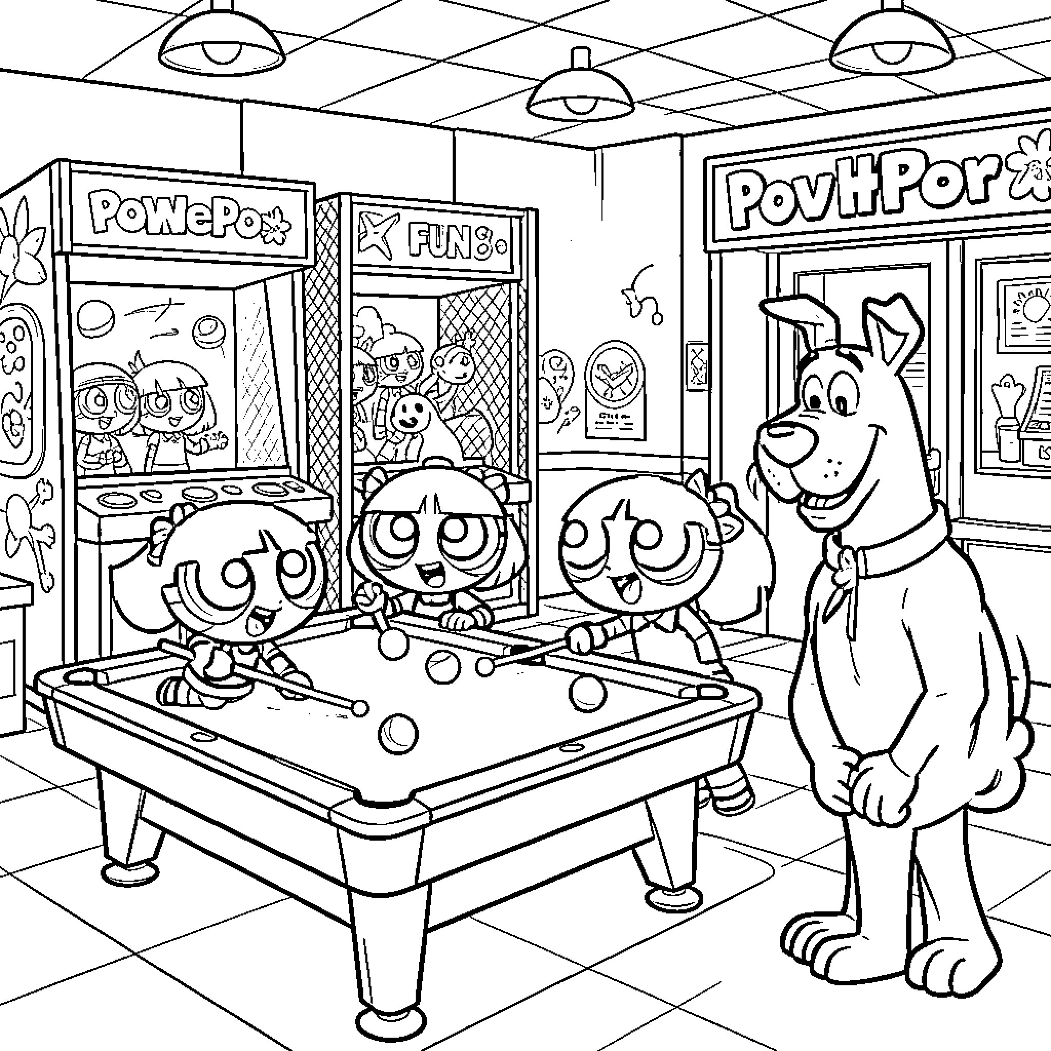 Powerpuff Girls playing pool in an arcade Coloring Page (free black-and-white line drawing printable PDF for all, from beginners to advanced learners, including children, teens, adults, and seniors)