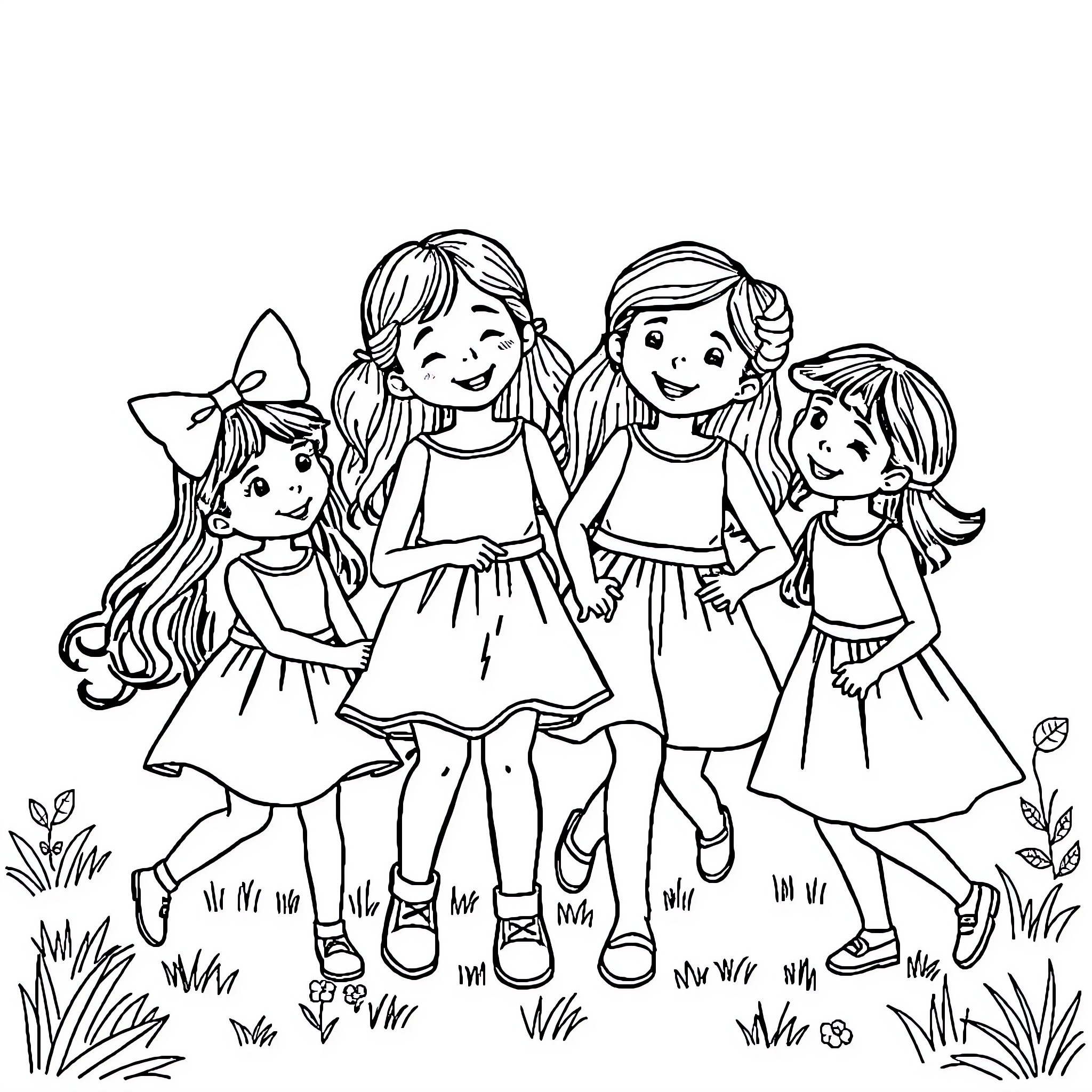 Girls Enjoying a Playful Outdoor Adventure Coloring Page (free black-and-white line drawing printable PDF for all, from beginners to advanced learners, including children, teens, adults, and seniors)