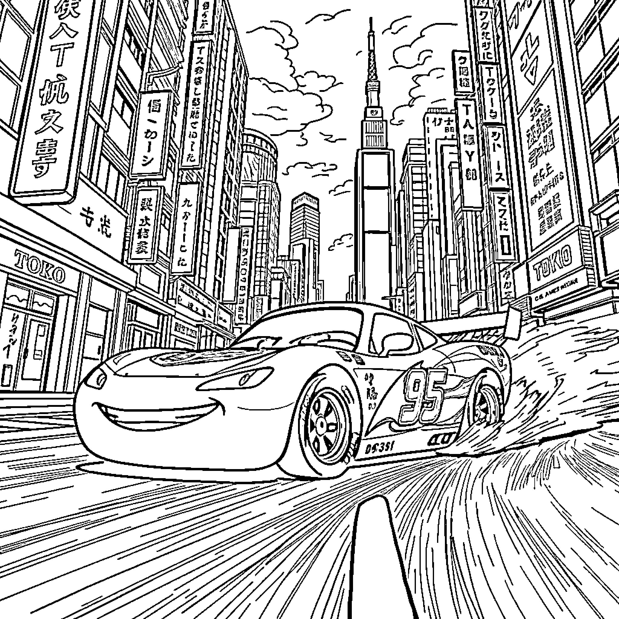 Lightning McQueen racing through the city streets Coloring Page (free black-and-white line drawing printable PDF for all, from beginners to advanced learners, including children, teens, adults, and seniors)