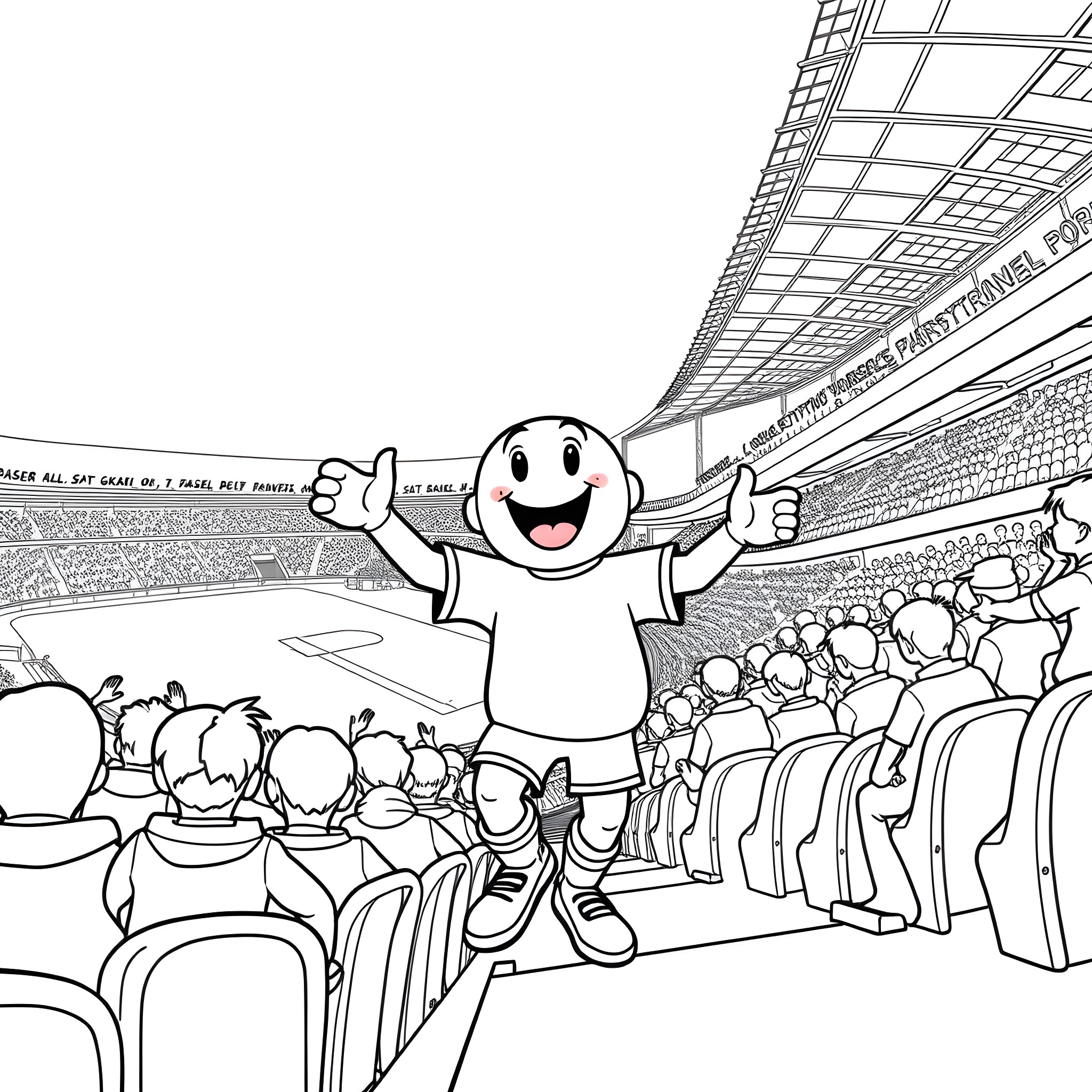 Globi cheering excitedly at a sporting event Coloring Page (free black-and-white line drawing printable PDF for all, from beginners to advanced learners, including children, teens, adults, and seniors)