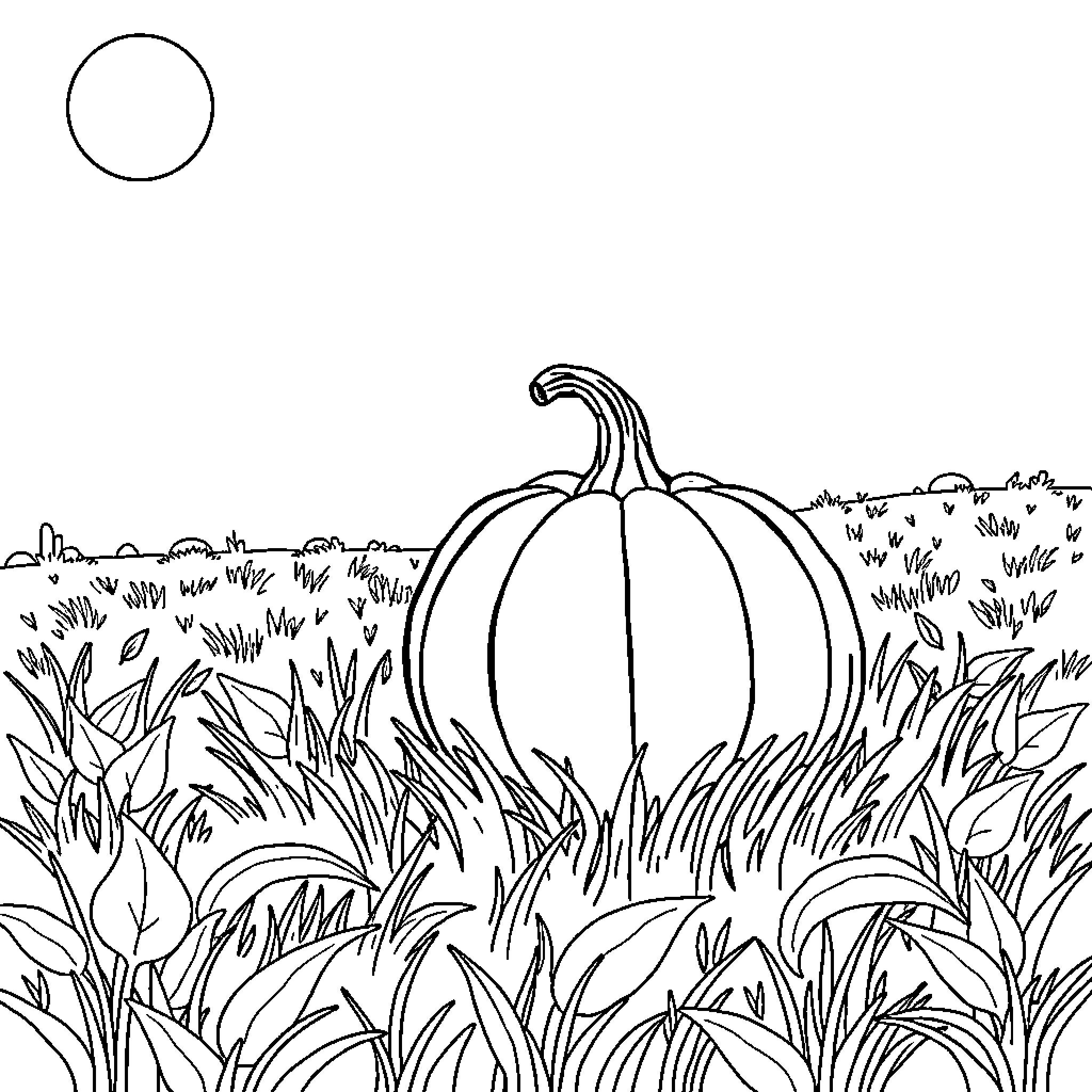 Pumpkin in the Autumn Meadow Coloring Page (free black-and-white line drawing printable PDF for all, from beginners to advanced learners, including children, teens, adults, and seniors)
