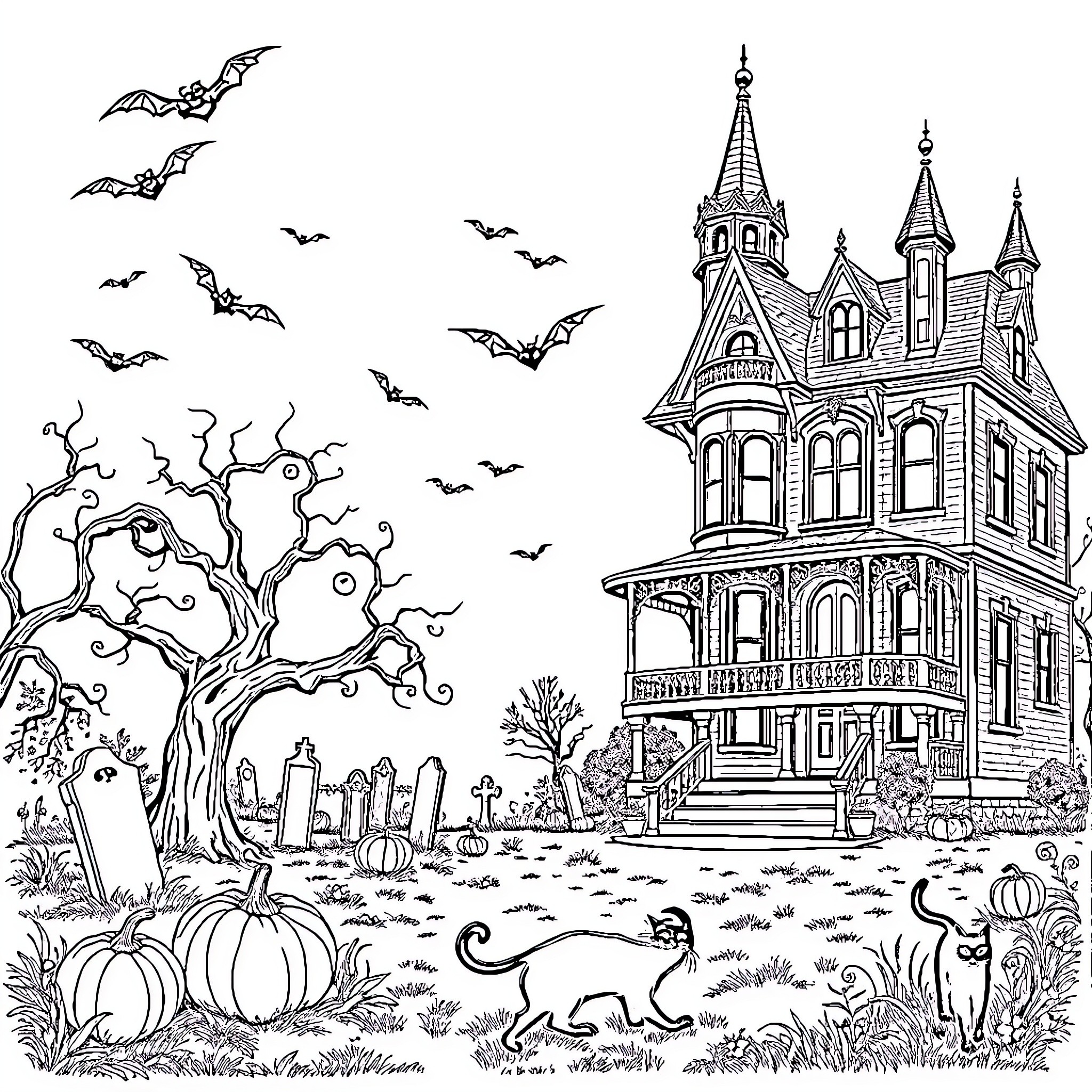 House with haunting Halloween scene Coloring Page (free black-and-white line drawing printable PDF for all, from beginners to advanced learners, including children, teens, adults, and seniors)