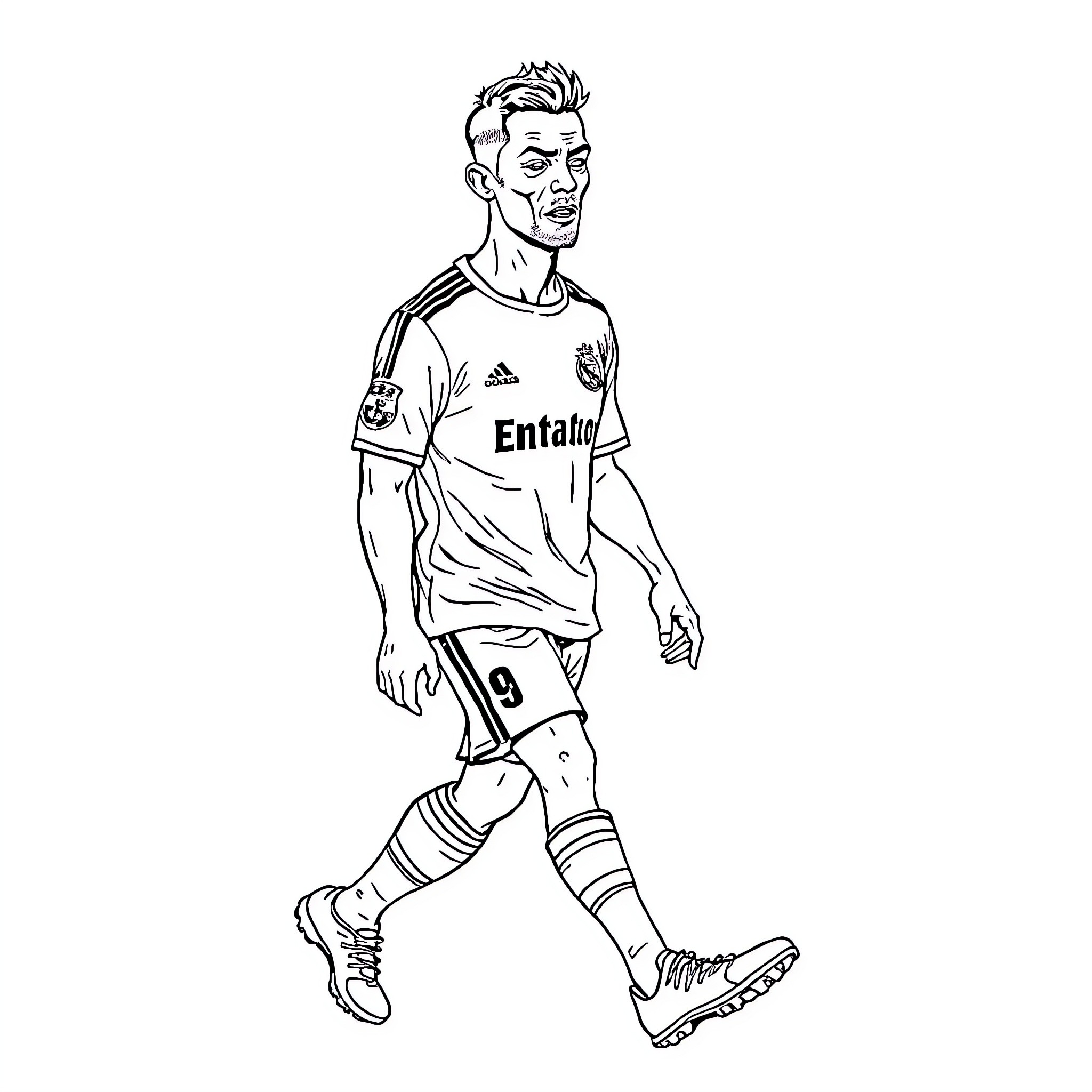 Ronaldo playing football in Enfield uniform Coloring Page (free black-and-white line drawing printable PDF for all, from beginners to advanced learners, including children, teens, adults, and seniors)