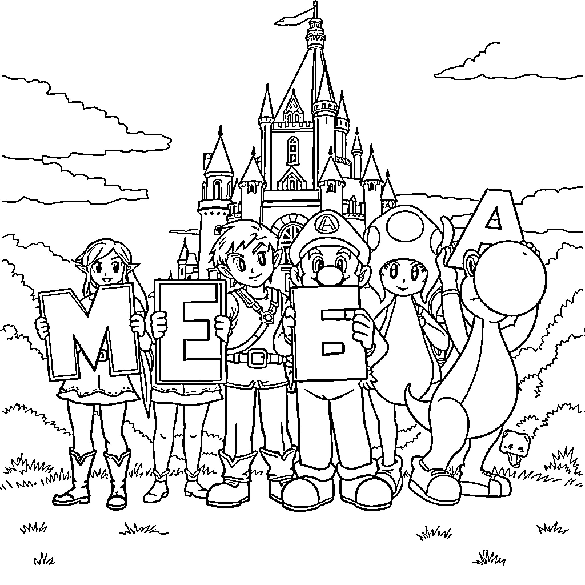 Zelda characters exploring a fantasy castle Coloring Page (free black-and-white line drawing printable PDF for all, from beginners to advanced learners, including children, teens, adults, and seniors)