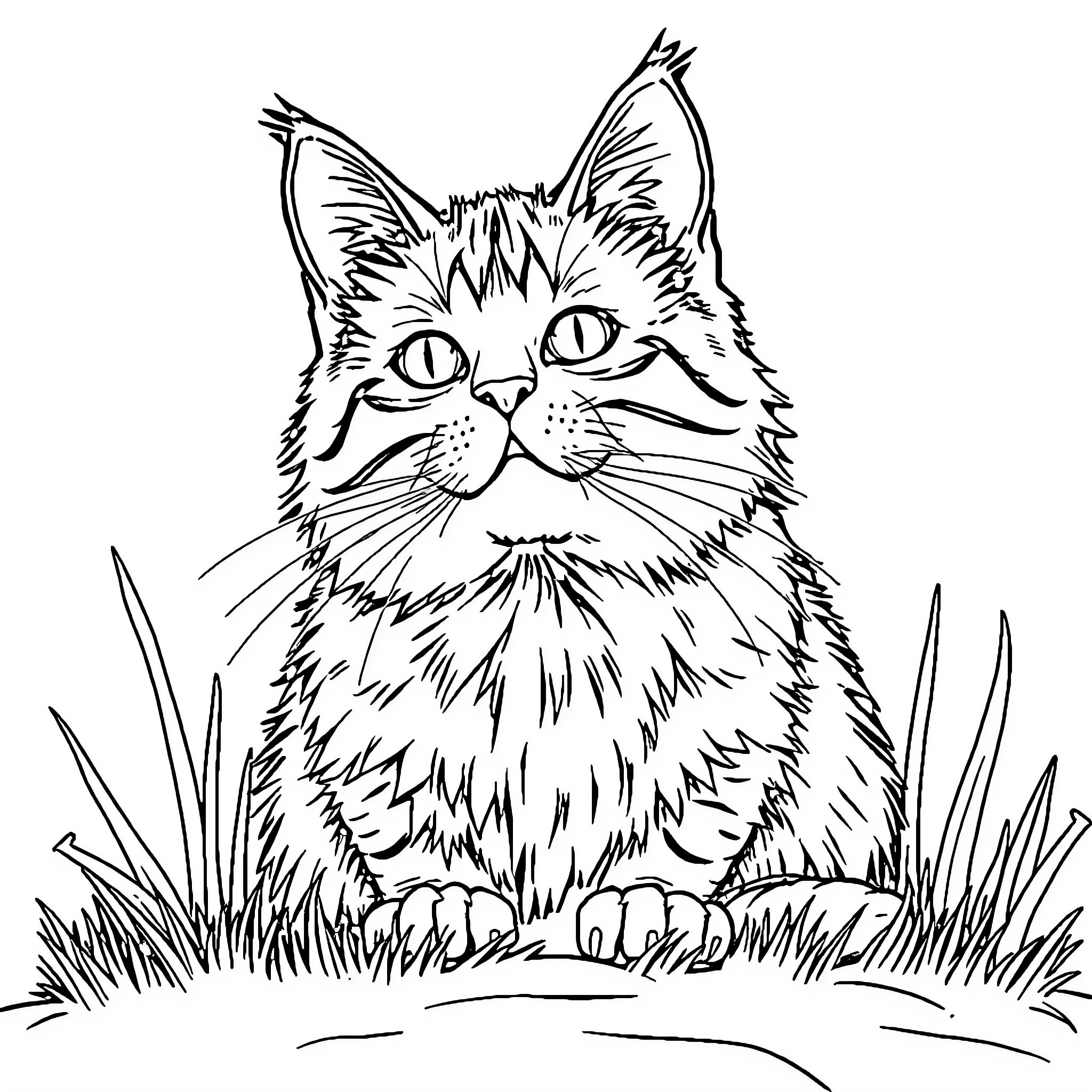 Kitten sitting alertly in grassy field Coloring Page (free black-and-white line drawing printable PDF for all, from beginners to advanced learners, including children, teens, adults, and seniors)