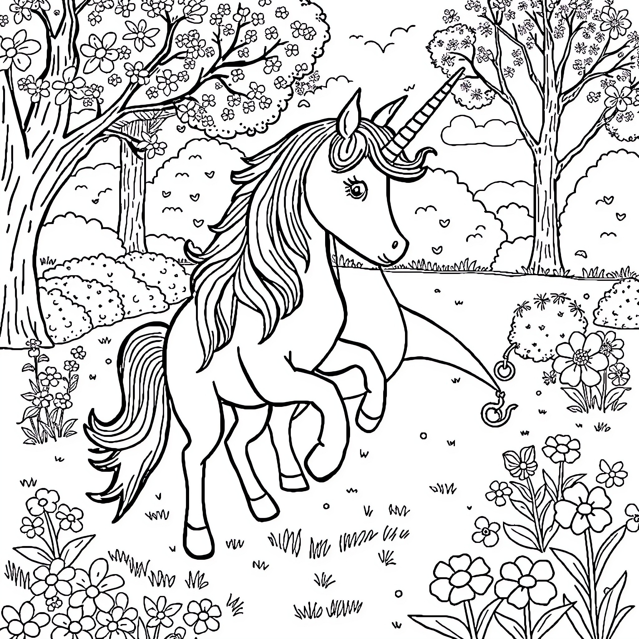 Unicorn frolicking in a whimsical floral landscape Coloring Page (free black-and-white line drawing printable PDF for all, from beginners to advanced learners, including children, teens, adults, and seniors)