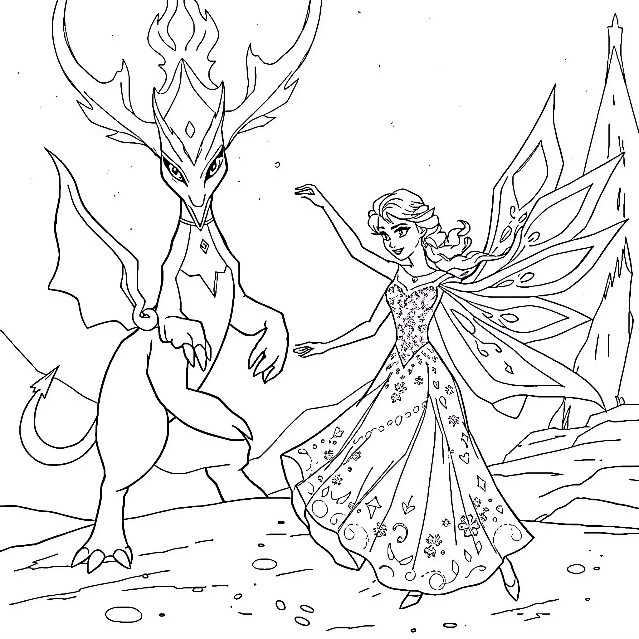 Elsa dancing with a magical dragon in a winter wonderland Coloring Page (free black-and-white line drawing printable PDF for all, from beginners to advanced learners, including children, teens, adults, and seniors)