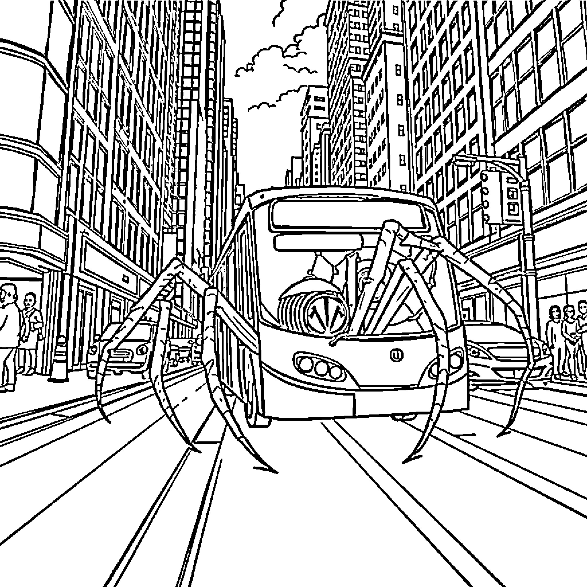 Spiderbus drives through busy urban city street Coloring Page (free black-and-white line drawing printable PDF for all, from beginners to advanced learners, including children, teens, adults, and seniors)