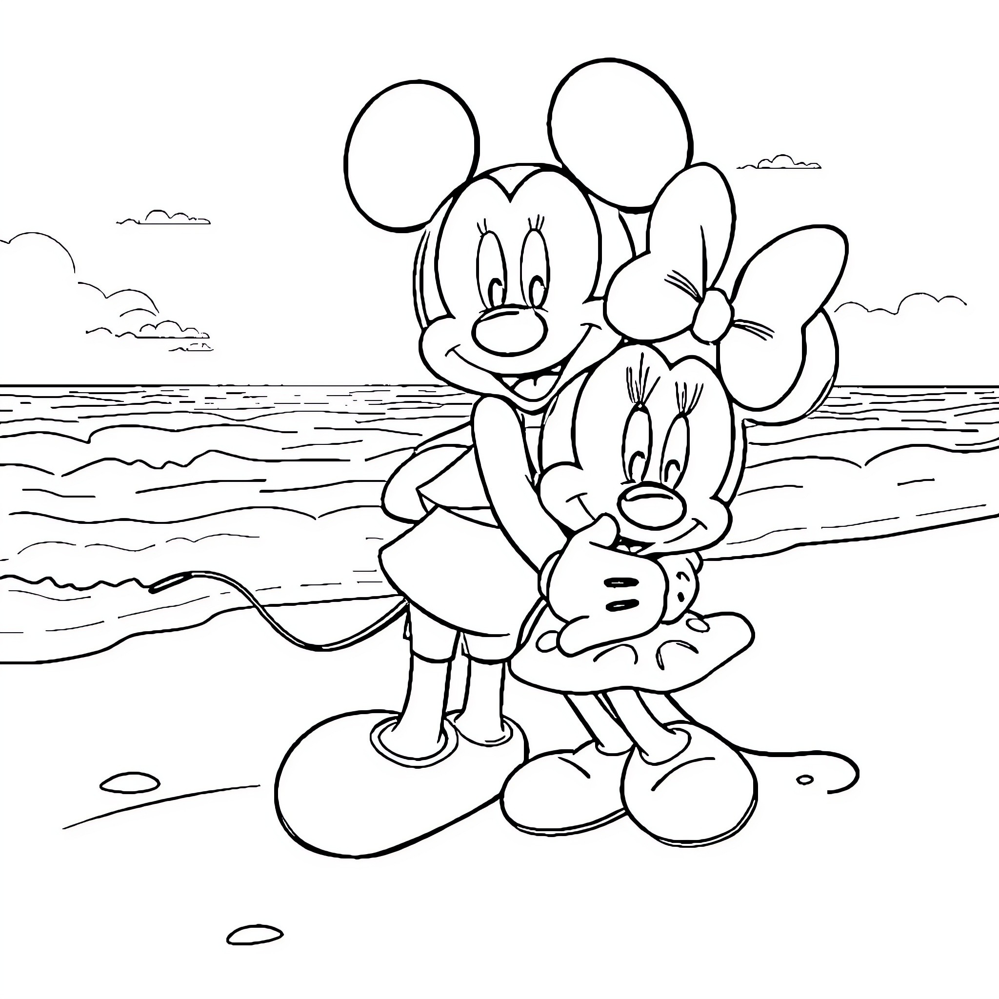 Minnie Mouse Enjoying a Beach Day with Friends Coloring Page (free black-and-white line drawing printable PDF for all, from beginners to advanced learners, including children, teens, adults, and seniors)