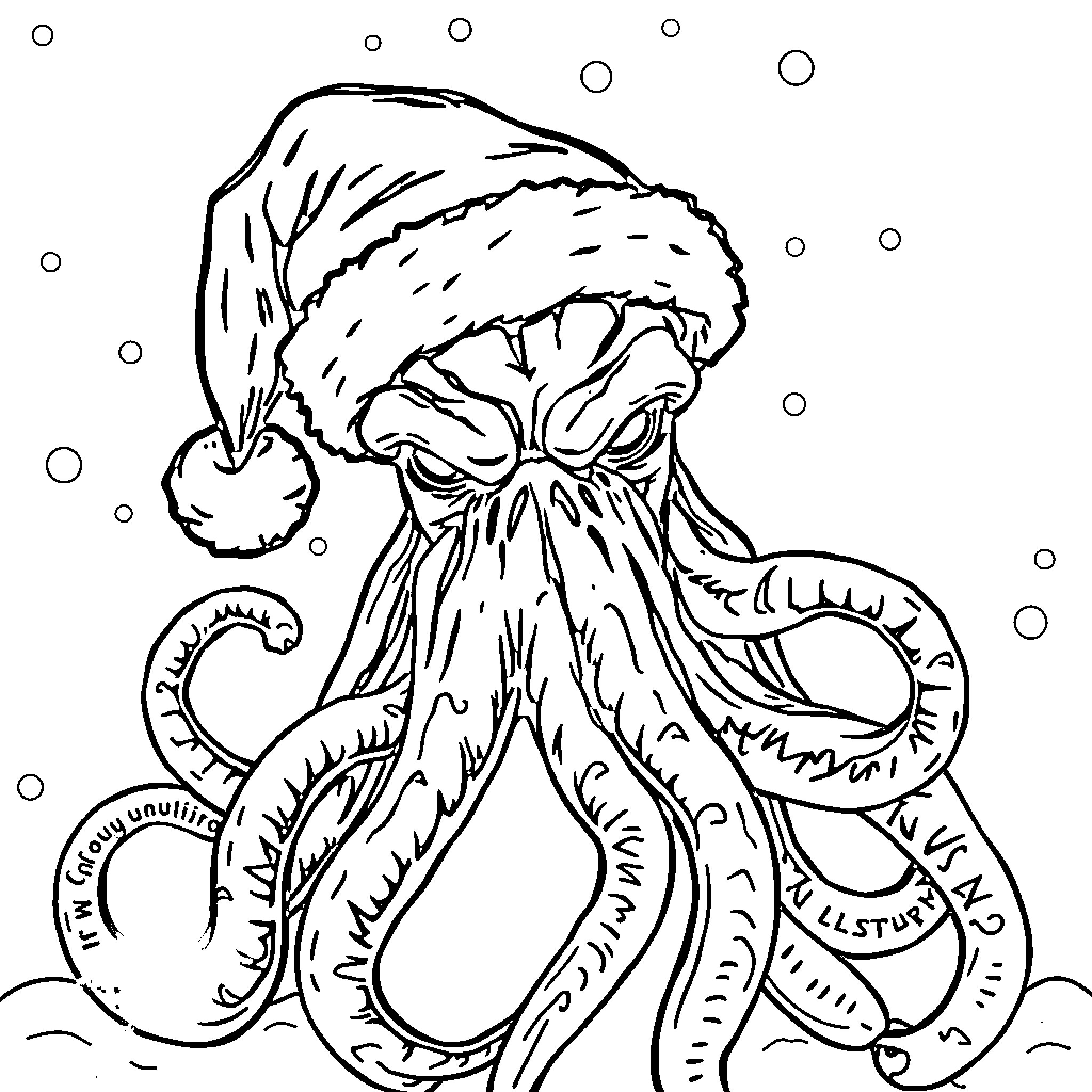 Cthulhu Wearing Santa Hat Amidst Snowy Tentacles Coloring Page (free black-and-white line drawing printable PDF for all, from beginners to advanced learners, including children, teens, adults, and seniors)