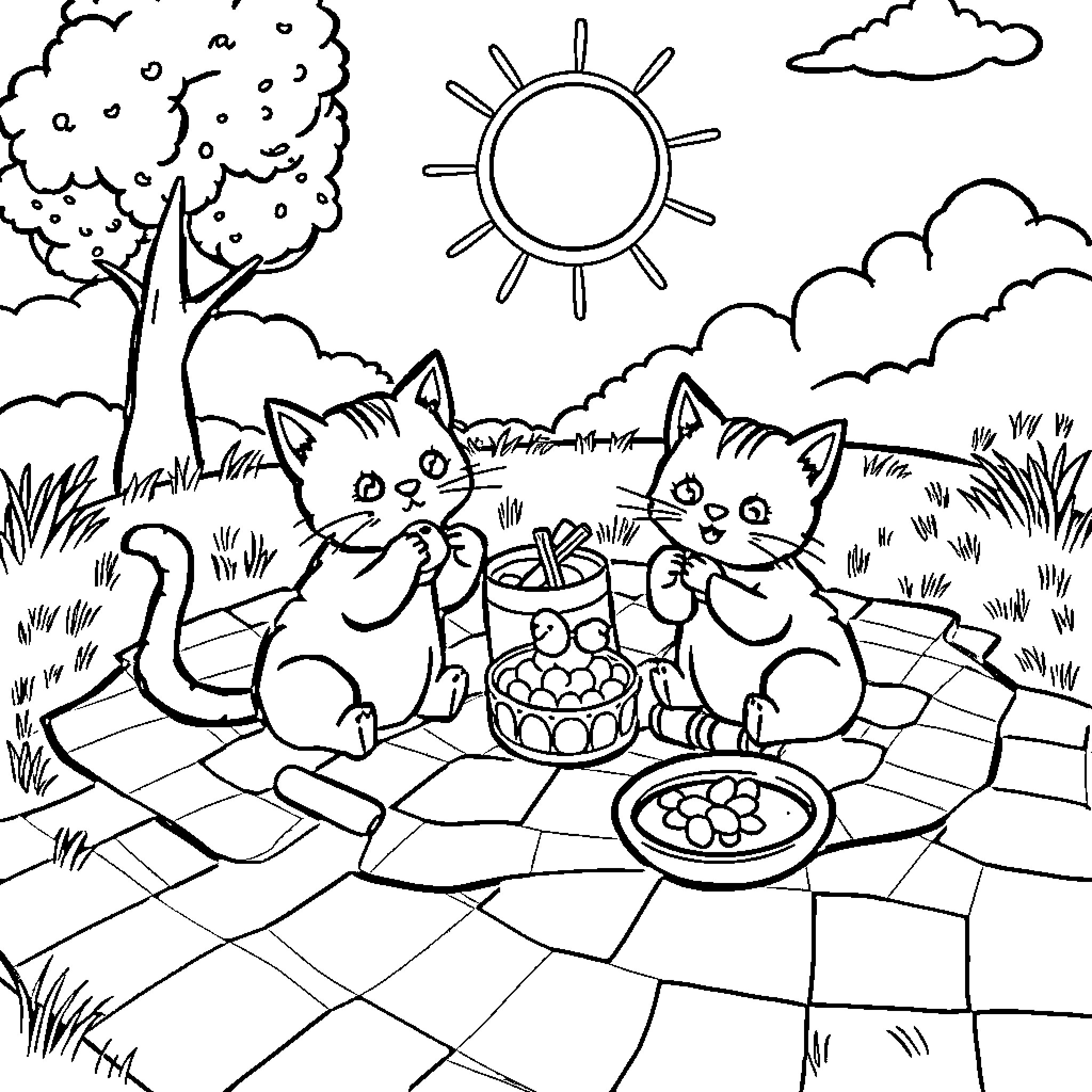 Cats enjoying a picnic in the countryside Coloring Page (free black-and-white line drawing printable PDF for all, from beginners to advanced learners, including children, teens, adults, and seniors)