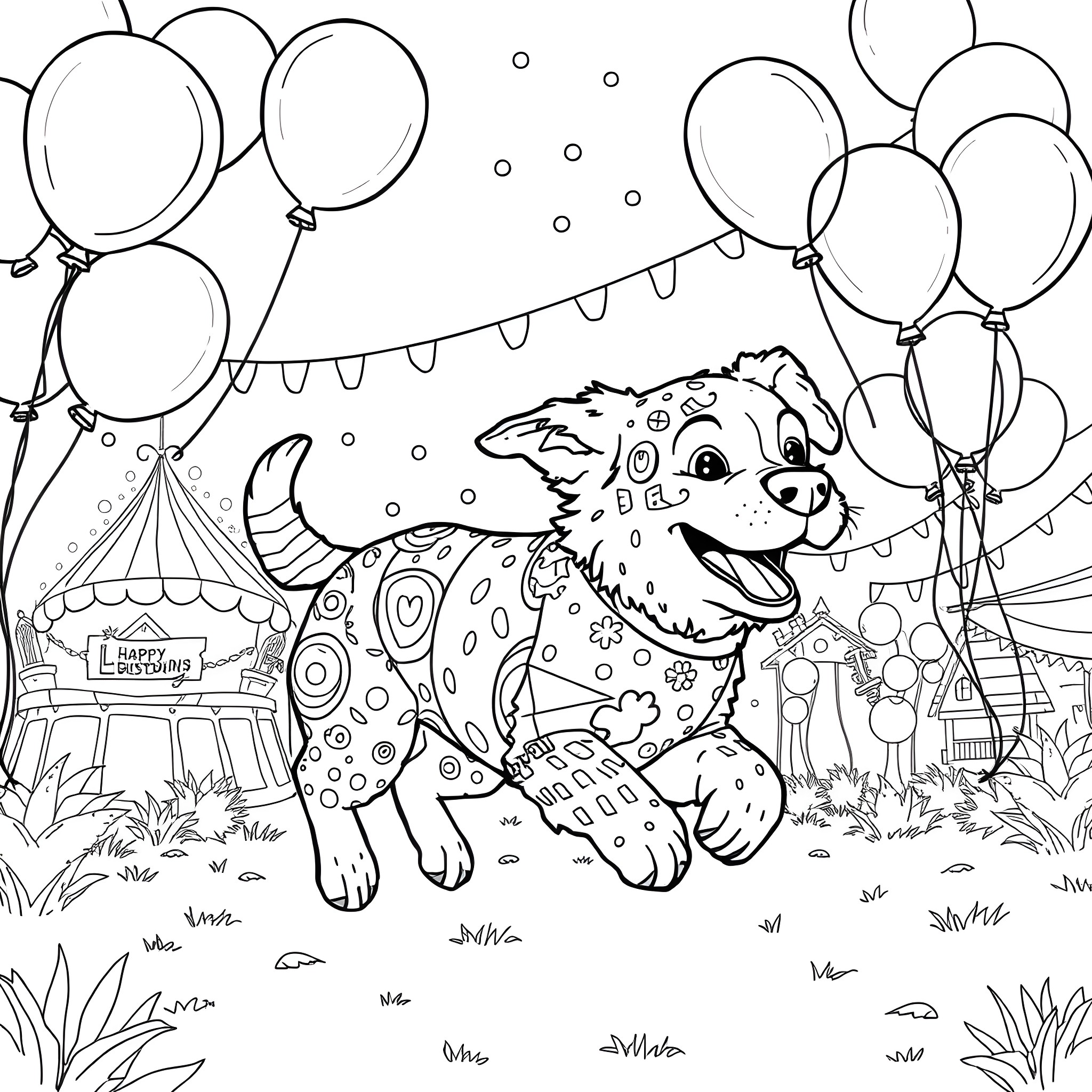Dog celebrating at the carnival with balloons Coloring Page (free black-and-white line drawing printable PDF for all, from beginners to advanced learners, including children, teens, adults, and seniors)