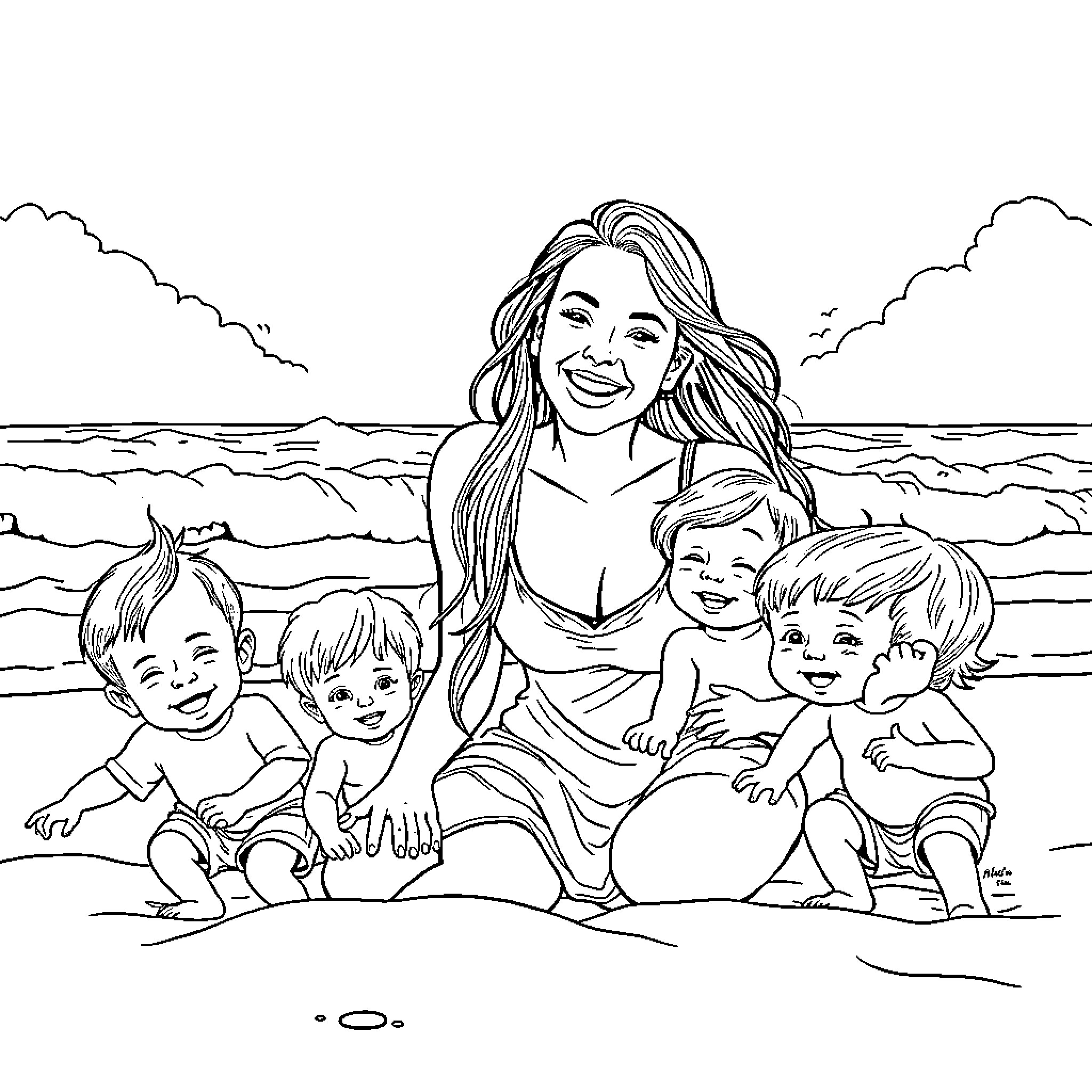 Woman enjoying time with children at the beach Coloring Page (free black-and-white line drawing printable PDF for all, from beginners to advanced learners, including children, teens, adults, and seniors)