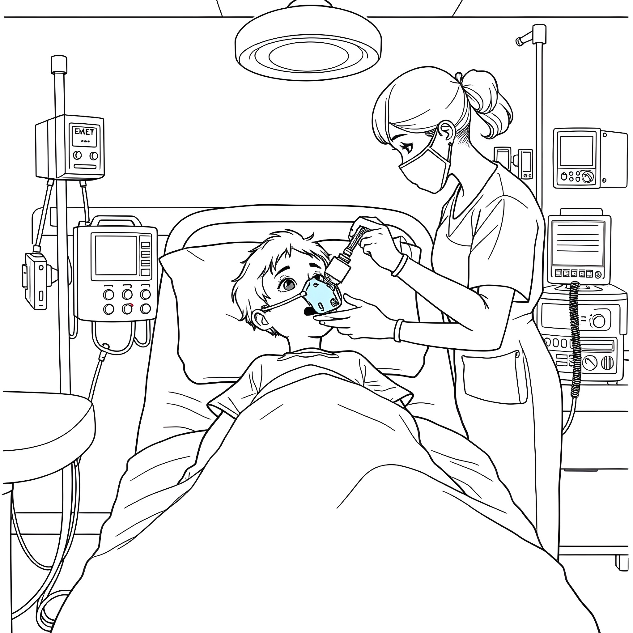 Boy Receiving Medical Treatment in Hospital Coloring Page (free black-and-white line drawing printable PDF for all, from beginners to advanced learners, including children, teens, adults, and seniors)