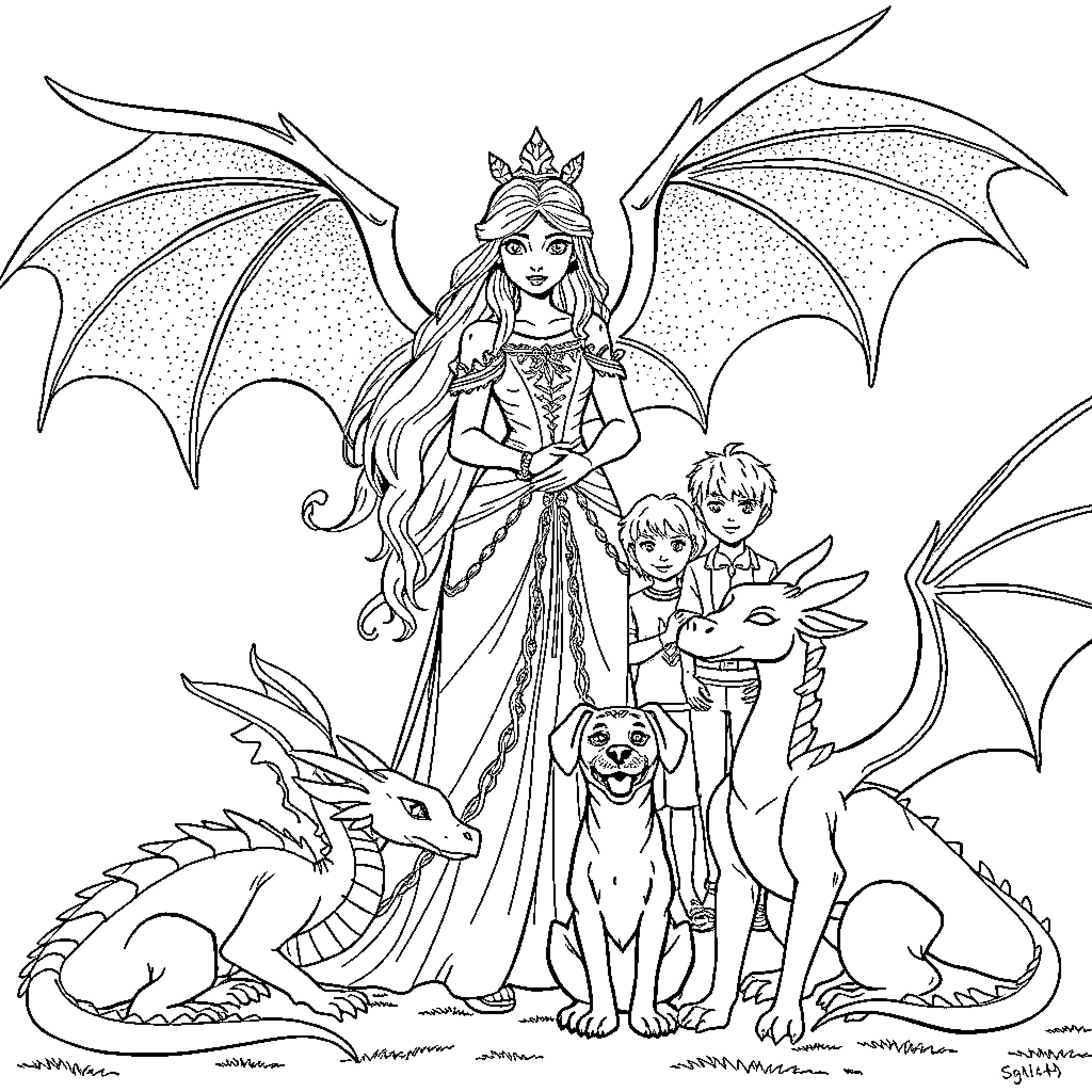 Princess and her magical dragon friends Coloring Page (free black-and-white line drawing printable PDF for all, from beginners to advanced learners, including children, teens, adults, and seniors)