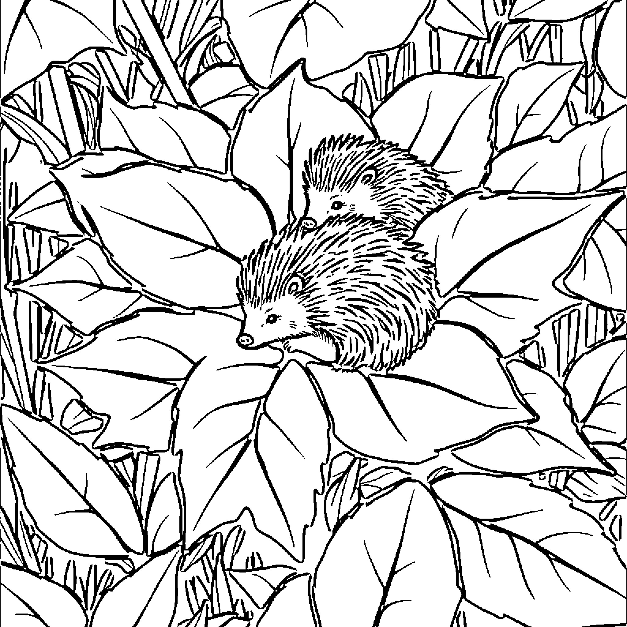 Hedgehog resting among lush foliage Coloring Page (free black-and-white line drawing printable PDF for all, from beginners to advanced learners, including children, teens, adults, and seniors)